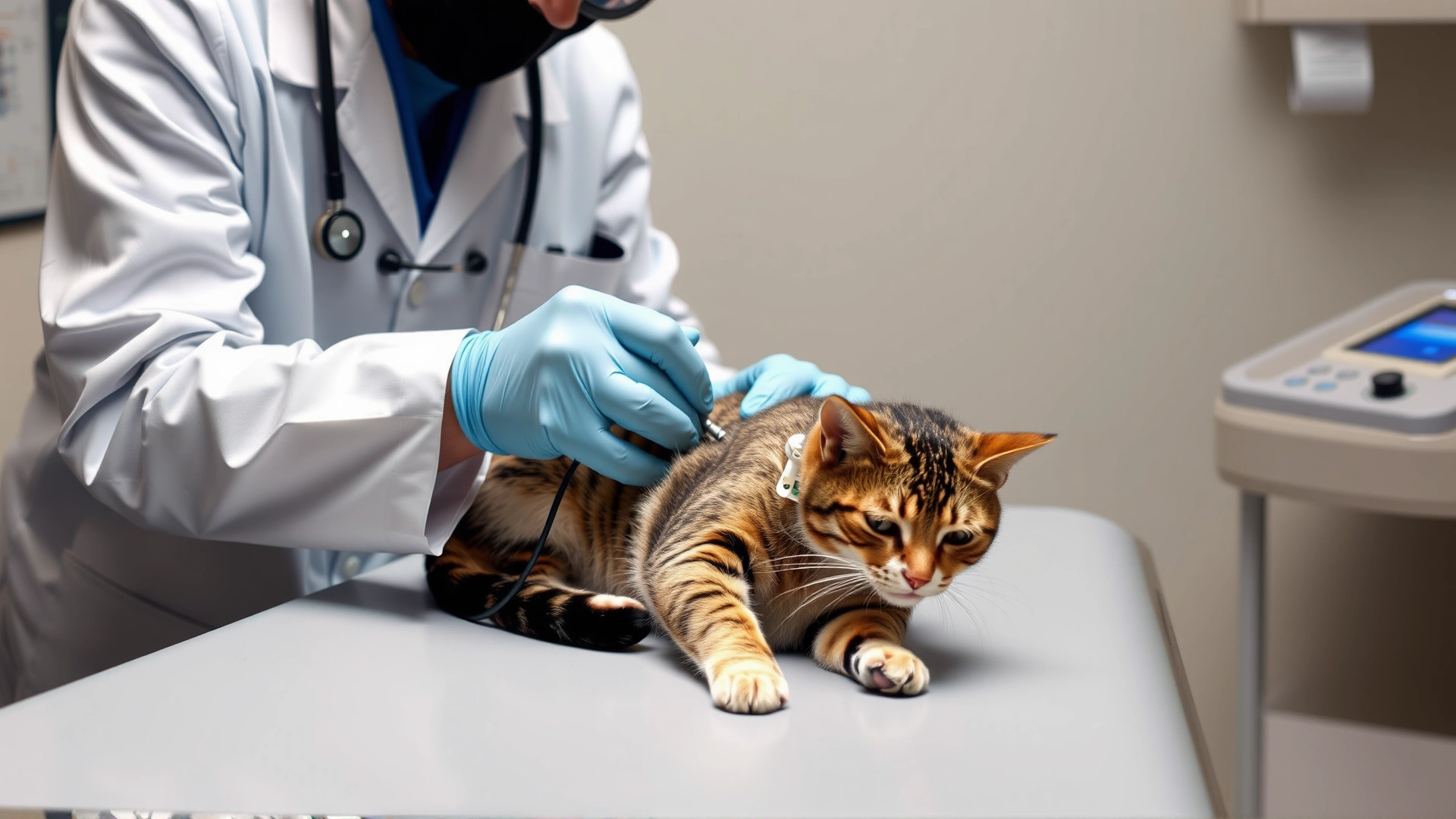 Veterinarian attaching ECG leads to a sedated cat on examination table
