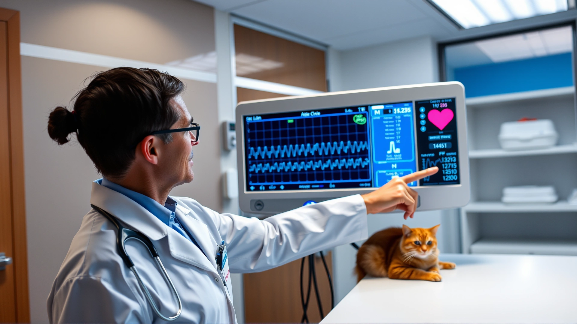 Veterinarian pointing at an electrocardiogram monitor displaying a cat’s heart rhythm inside a modern vet clinic, cat resting nearby, shallow depth of field, no text on screen.