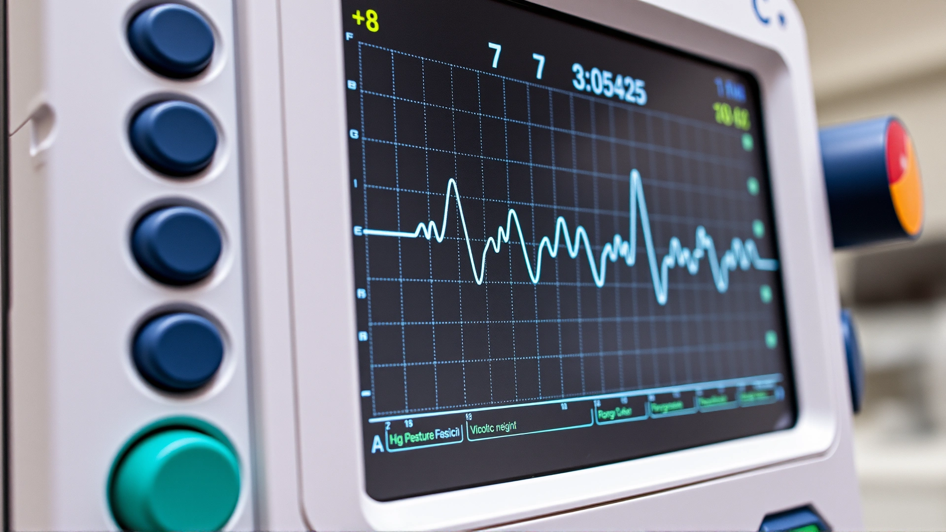 Close-up of a veterinary ECG monitor displaying a heartbeat waveform, no visible text, in a clinical setting