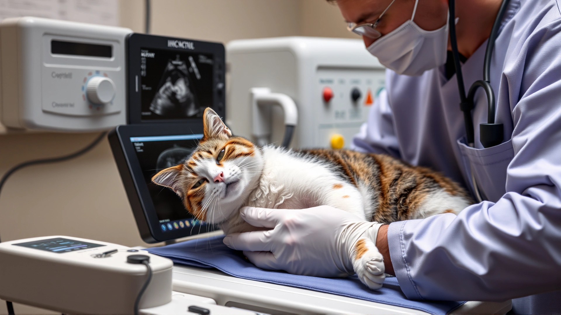 Veterinarian performing an echocardiogram on a sedated cat using ultrasound machine, medical equipment visible but no text