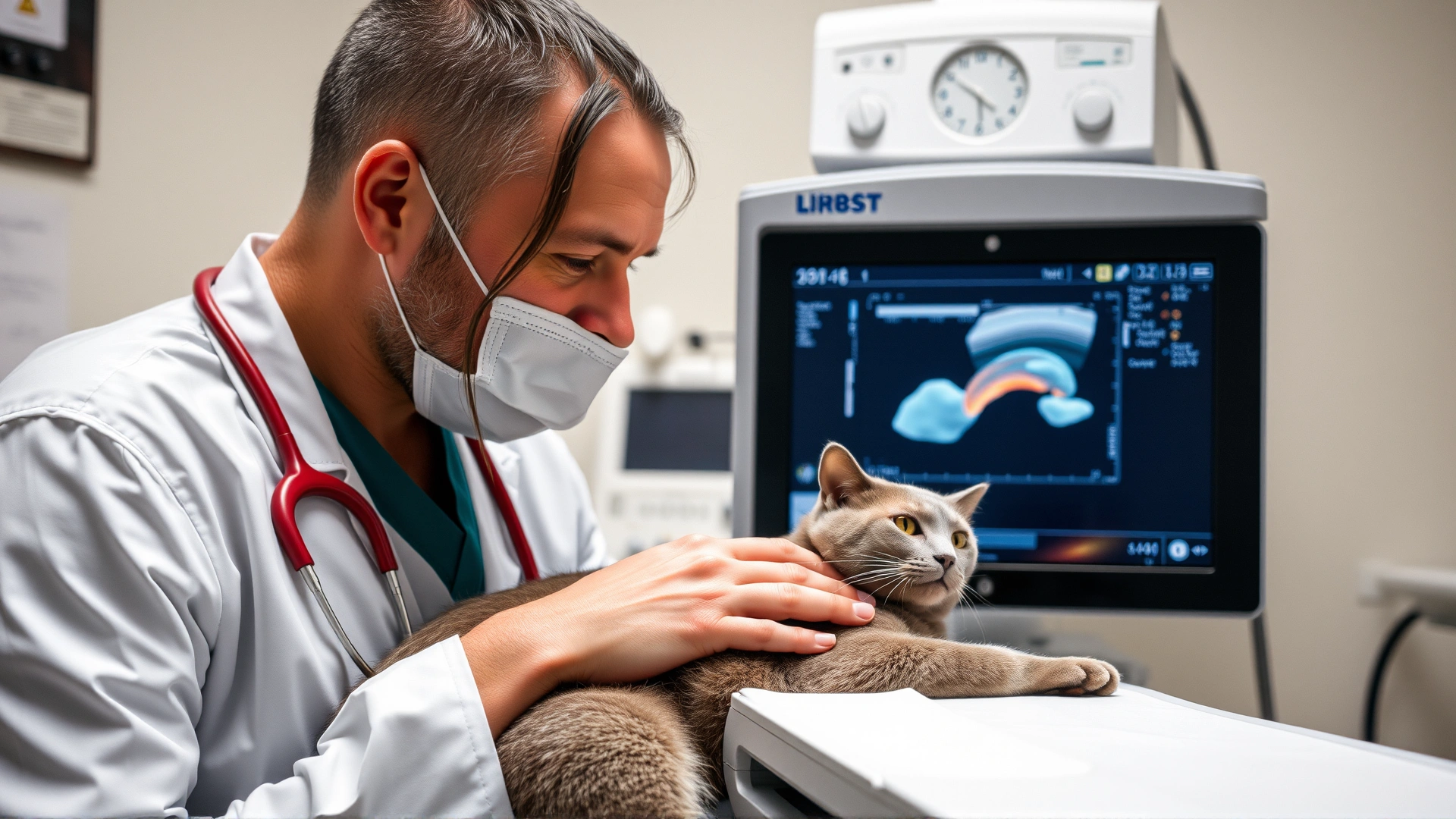Veterinarian performing an echocardiogram on a grey cat, ultrasound machine in background, clinical setting