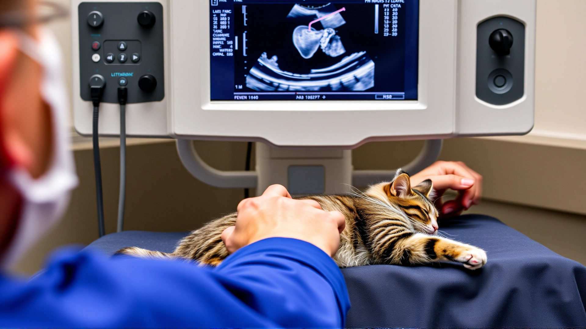 Ultrasound machine displaying a feline heart while a technician performs an echocardiogram on a cat lying on its side.