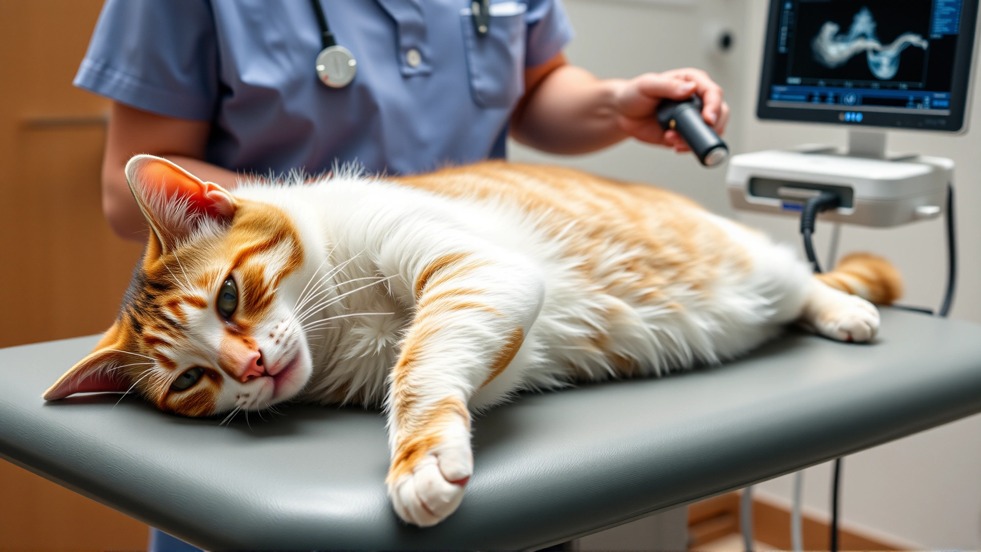 Photo of a calm cat lying sideways on an exam table while a veterinary technician performs an echocardiogram using portable ultrasound equipment.
