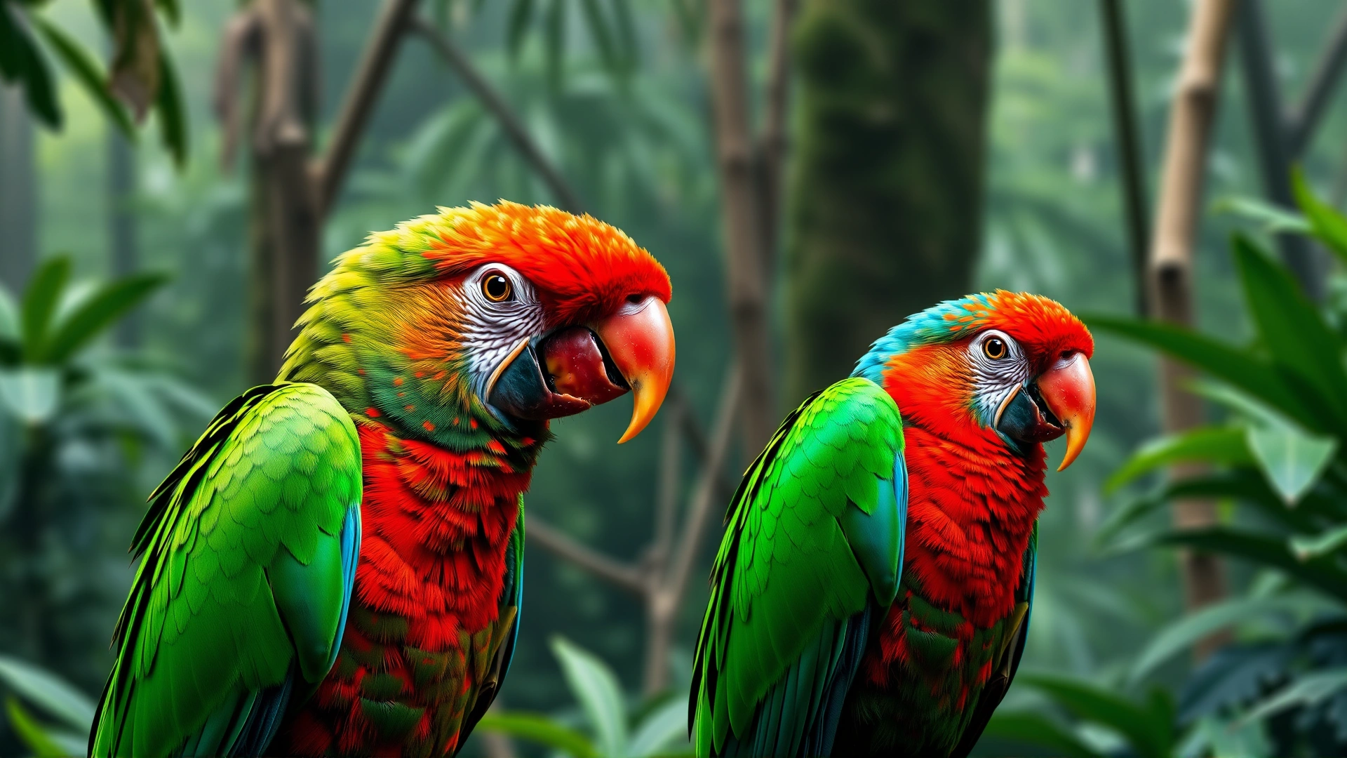 Male and female Eclectus parrots side by side, showcasing green and red plumage contrast, jungle backdrop