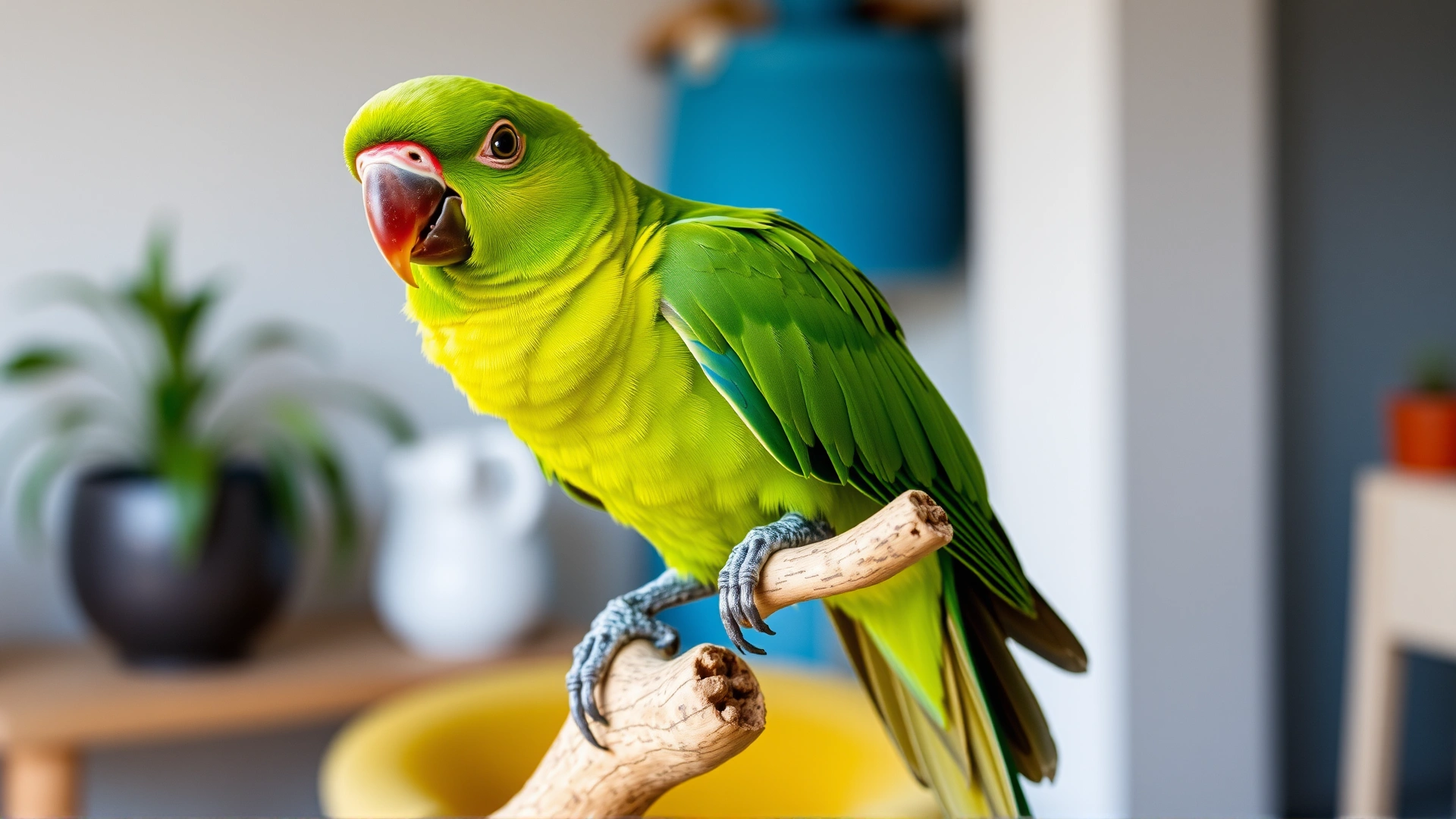 Male Eclectus parrot with bright green plumage perched on a natural wooden branch indoors