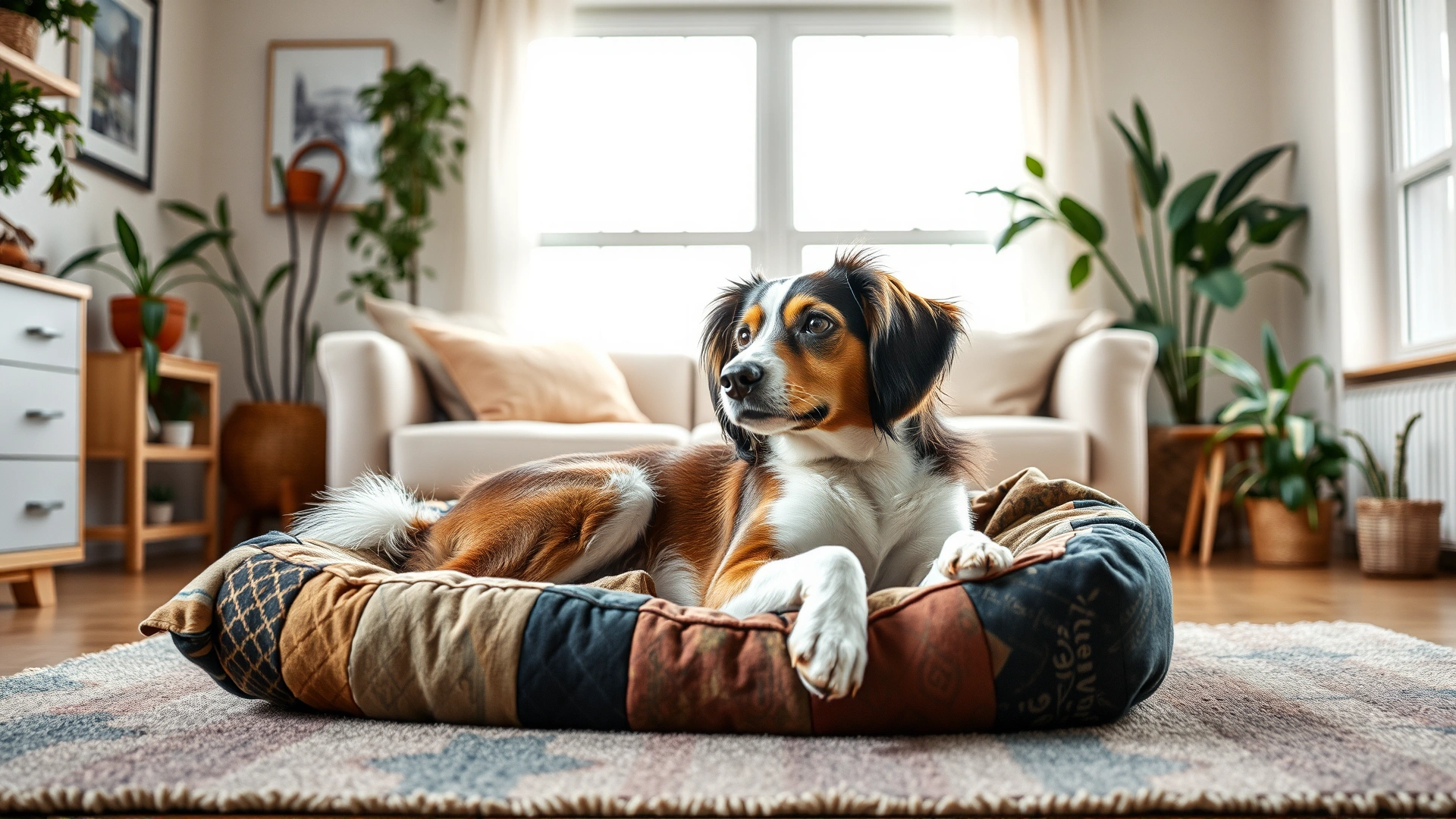 Cozy dog lying on a bed stuffed with upcycled fabric inside a bright living room decorated with houseplants
