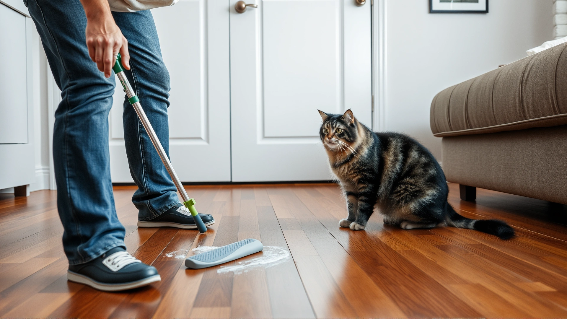 Pet owner cleaning a hardwood floor with a green, pet-safe cleaning solution while a cat observes from a safe distance.