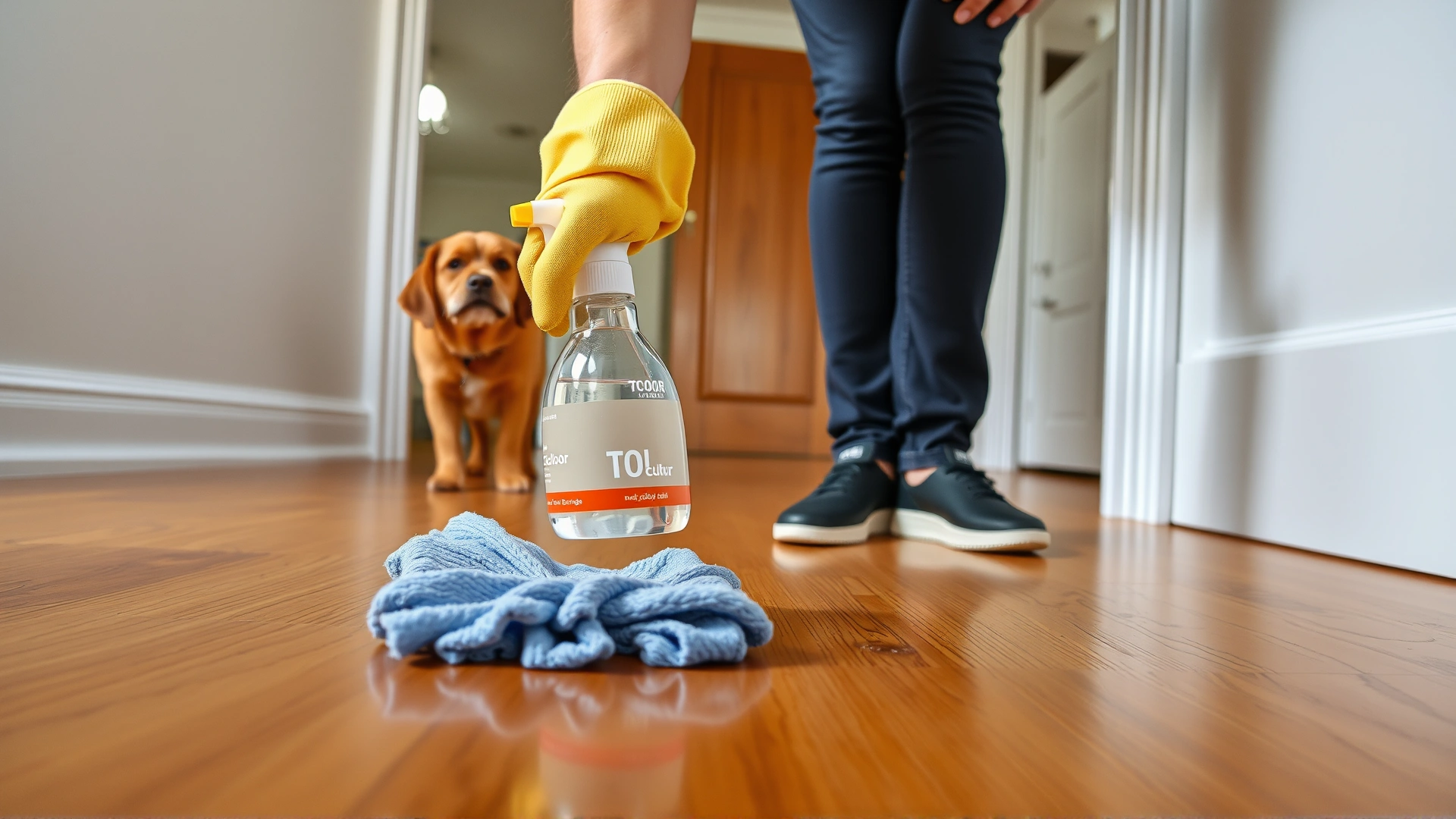 Person wearing reusable cloth gloves wiping a hardwood floor with a spray bottle labeled only by color, while a curious dog watches nearby, bright airy room.