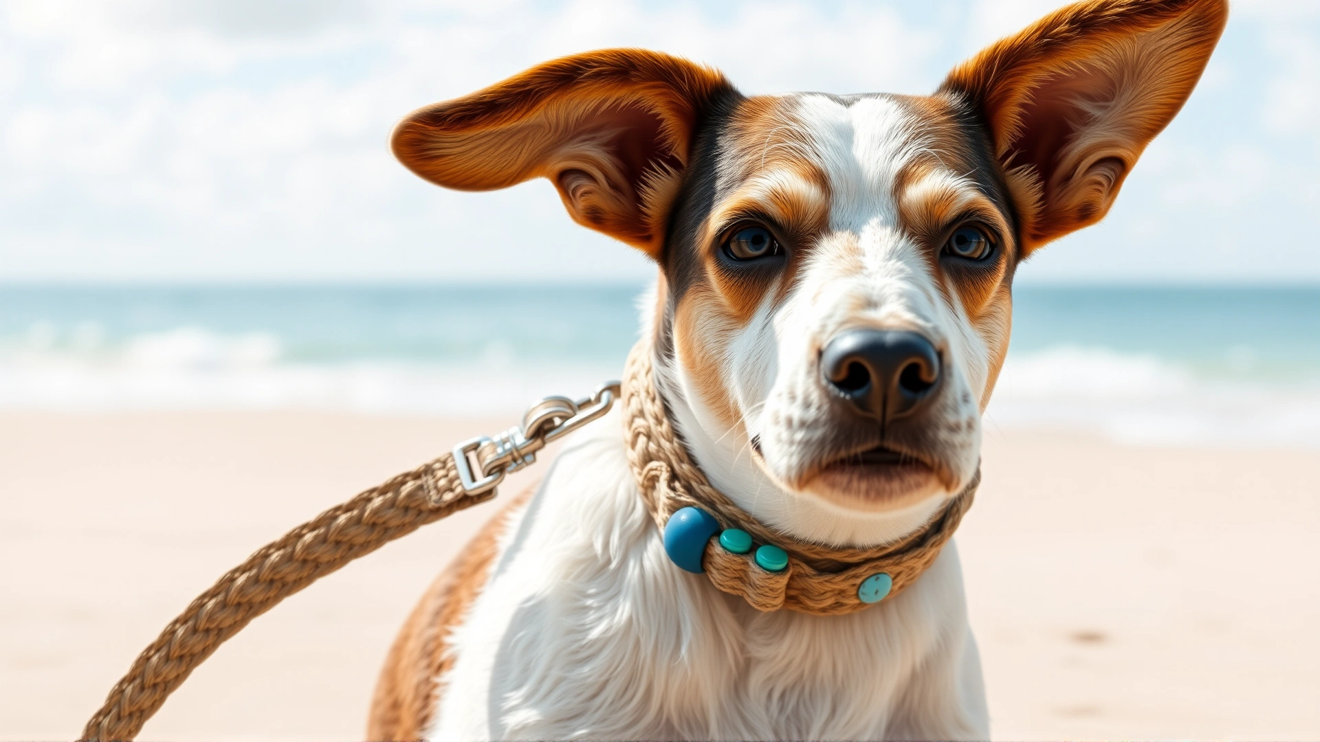 Dog wearing a hemp collar and leash made from recycled ocean plastics, with a beach backdrop