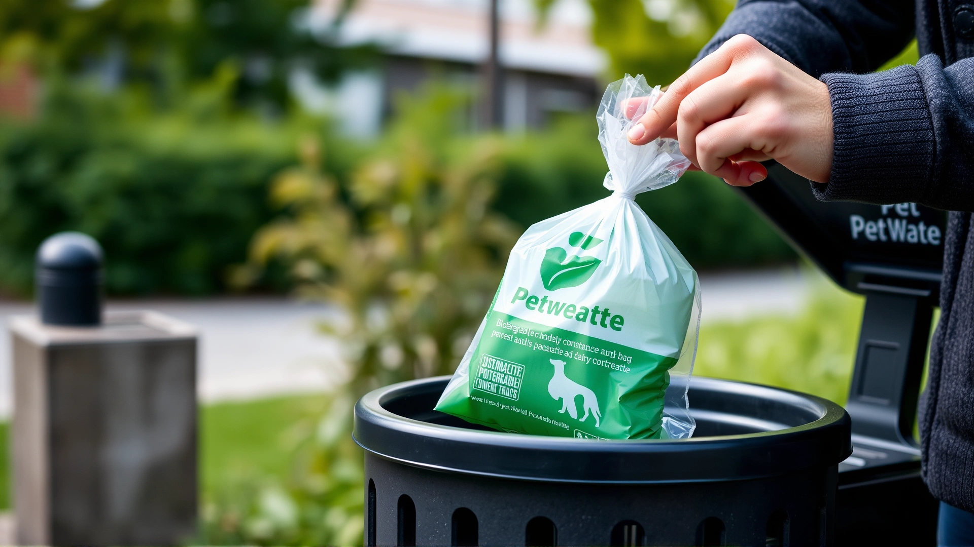 Biodegradable dog waste bag being thrown into a designated pet waste bin outdoors
