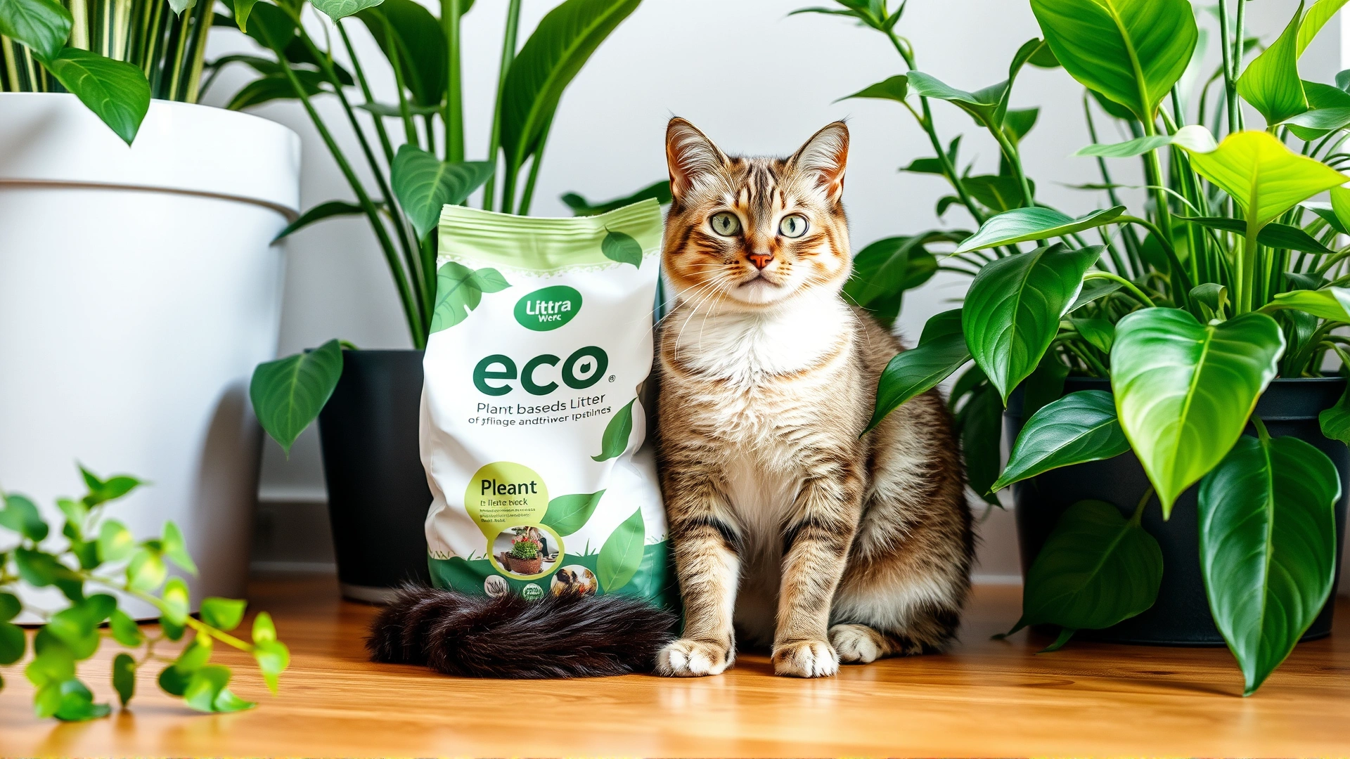 Cat sitting next to plant-based litter bag labeled 'Eco', surrounded by green houseplants, soft daylight