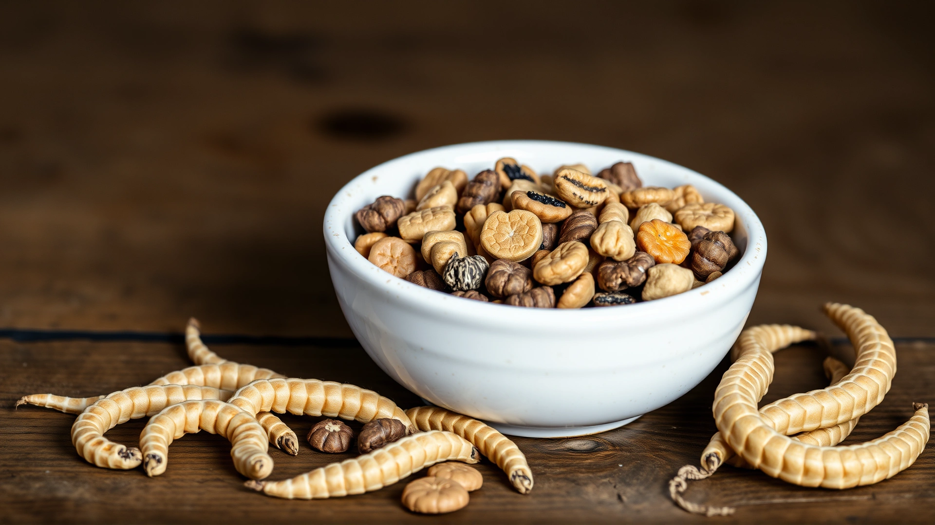 A ceramic bowl filled with dry insect-based cat kibble next to dried mealworms on a rustic wooden surface, close-up, no text