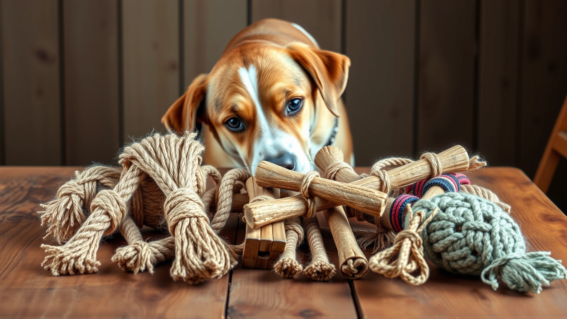 A collection of natural fiber rope toys, wooden chew sticks, and hemp collars arranged on a rustic wooden table while a dog sniffs at them.