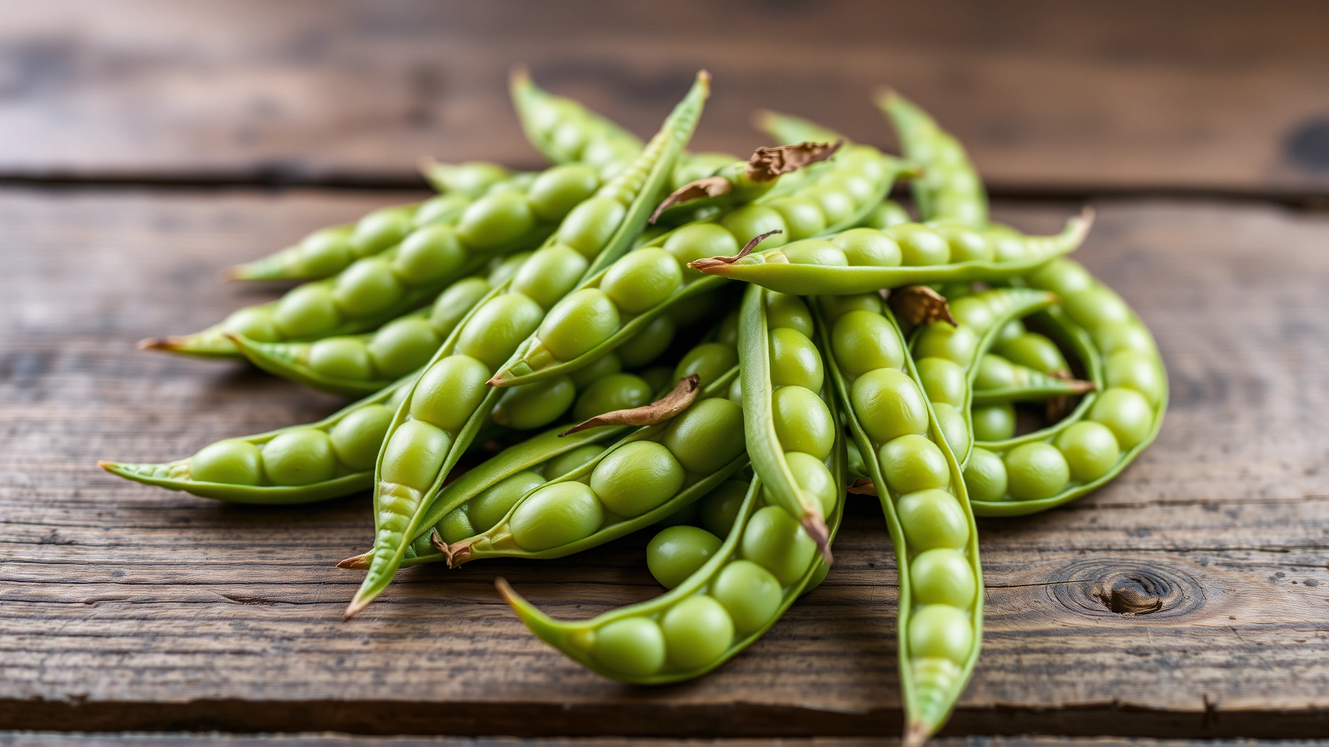 Macro photograph of fresh, bright green edamame beans in their pods arranged on a rustic wooden table, soft natural lighting, no text.