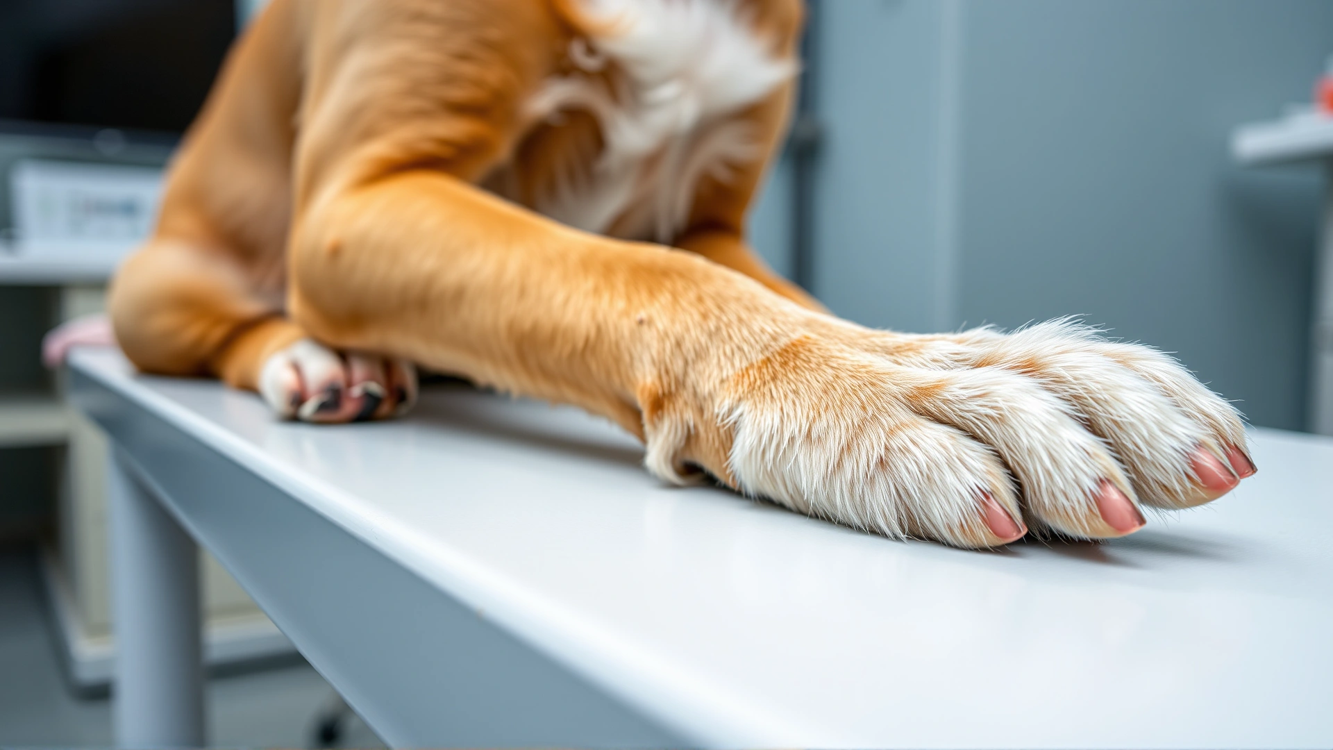 Macro shot of a dog's swollen paw compared to a normal paw, resting on a white veterinary table, sharp focus, clinical setting