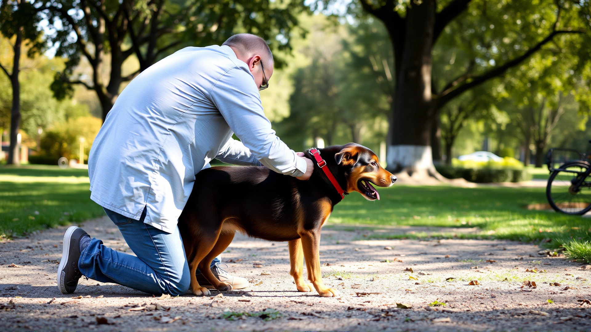 Owner kneeling to gently check dog’s pulse after a short walk in a shaded park.