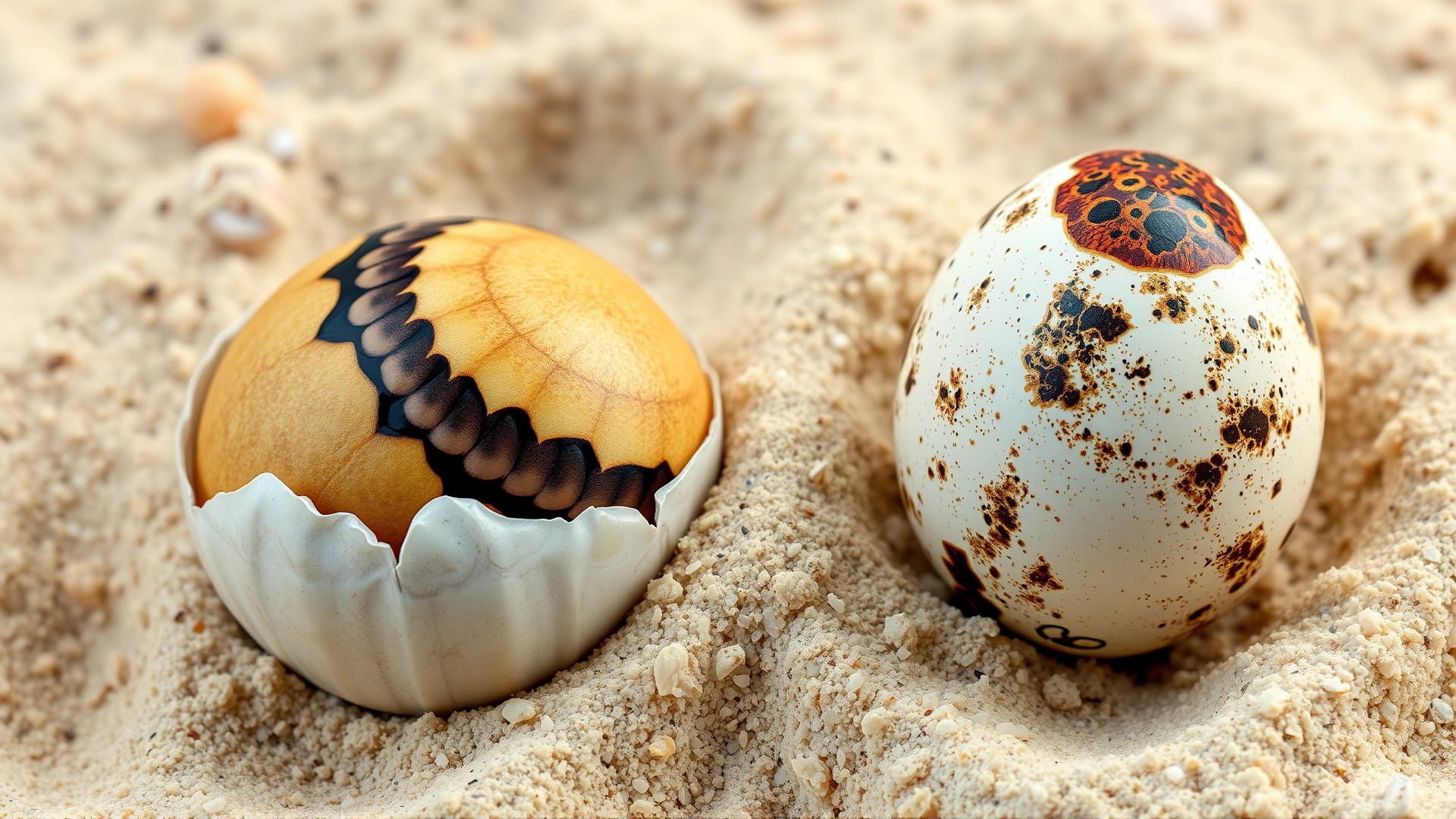 Side-by-side photograph of a reptile egg and a bird egg resting on soft sand for size and shell texture comparison