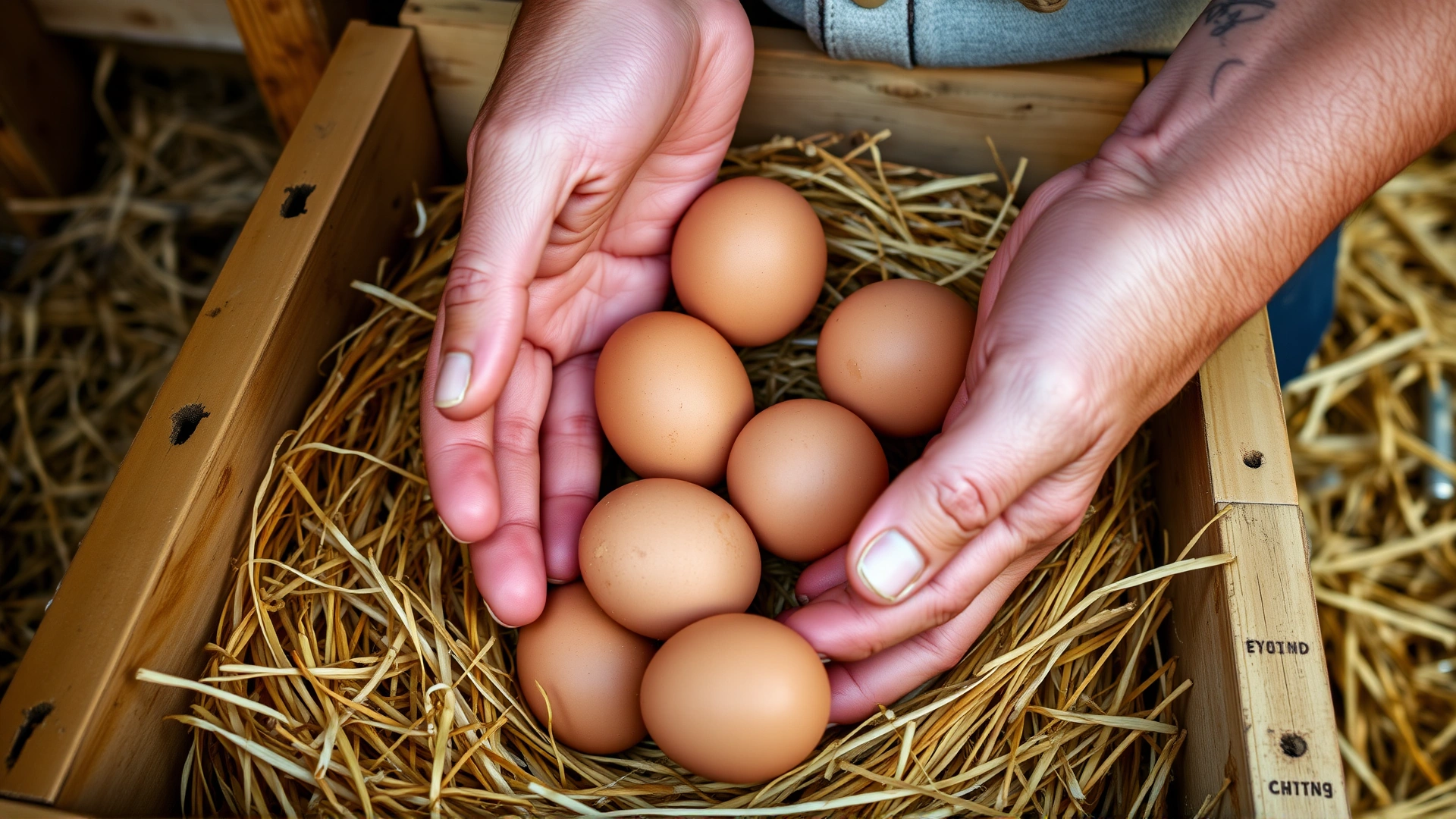 Person's hands collecting fresh brown eggs from a clean straw-filled nesting box.