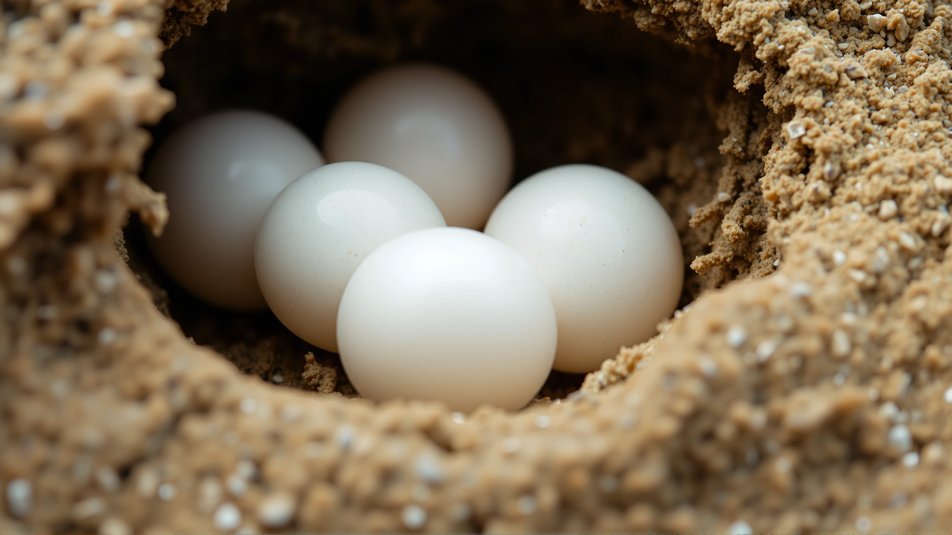 Close-up of turtle eggs nestled in sandy nest, soft diffused light, macro shot, high-resolution, no text