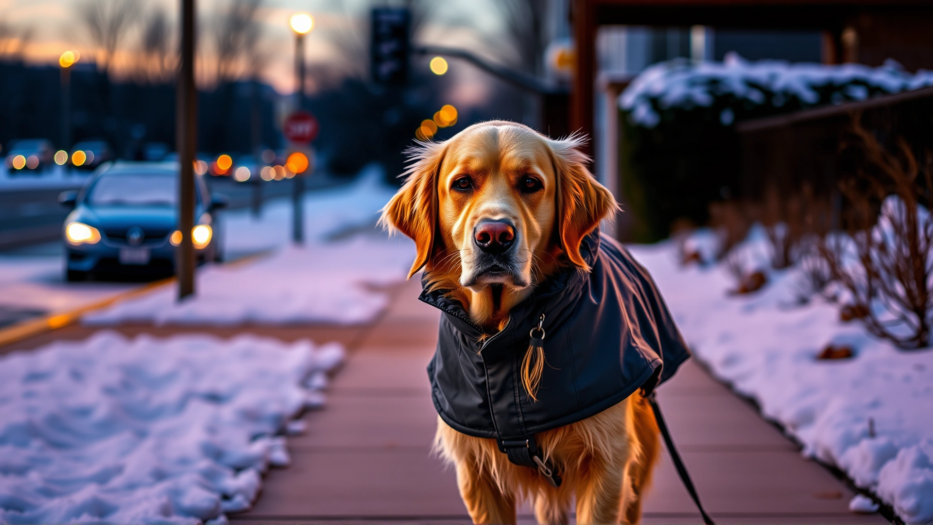 Senior Golden Retriever wearing a lightweight waterproof coat while walking slowly on a snowy sidewalk at dusk.