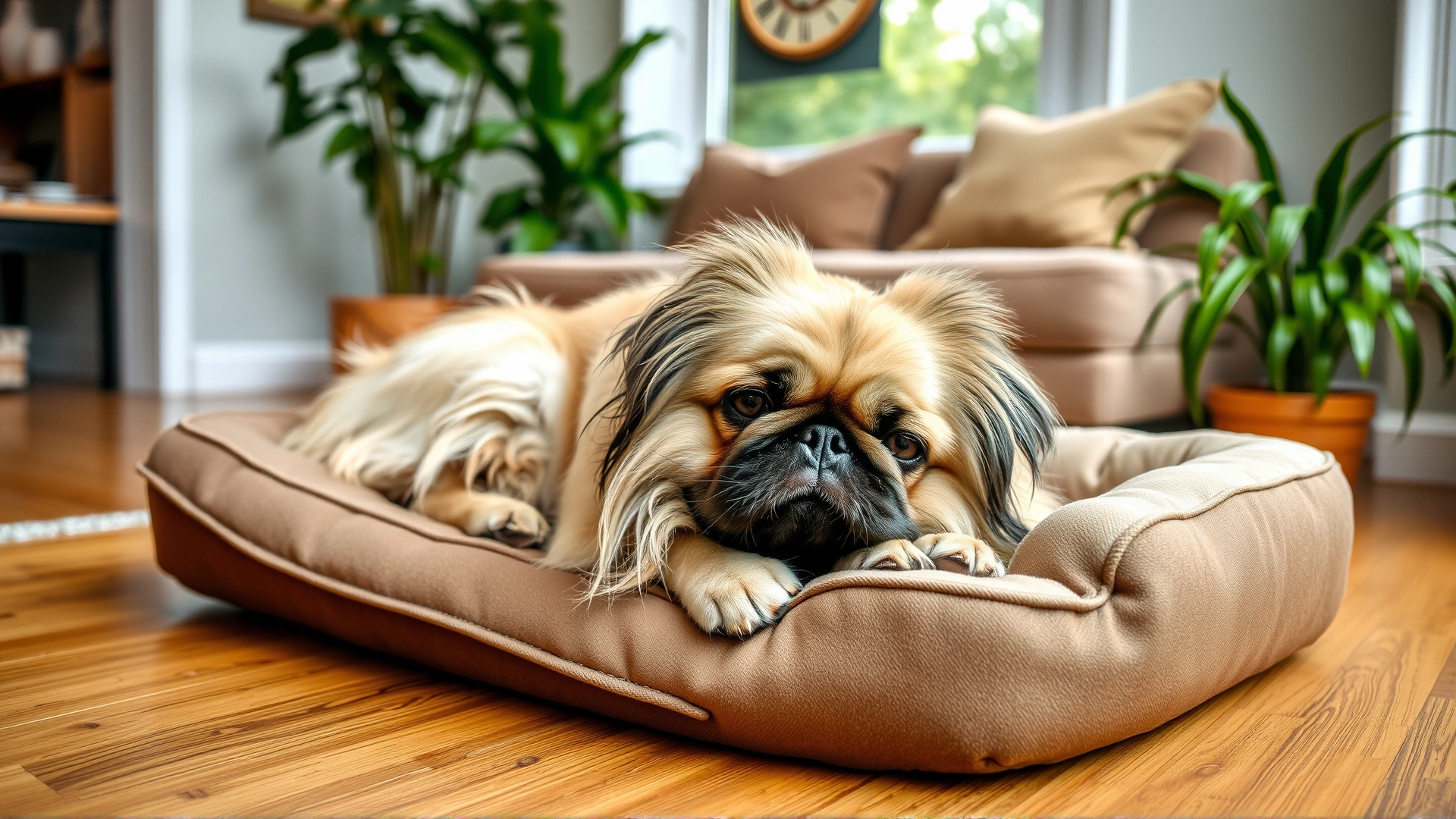 Serene image of a senior Pekingese resting comfortably on an orthopedic dog bed in a cozy living room