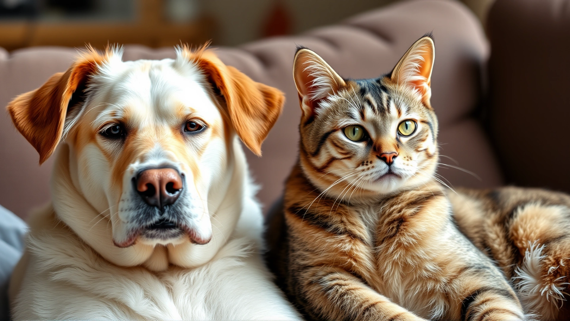Close-up photo of a senior dog and senior cat sitting side by side on a couch, natural lighting, soft focus, shows companionship in old age.
