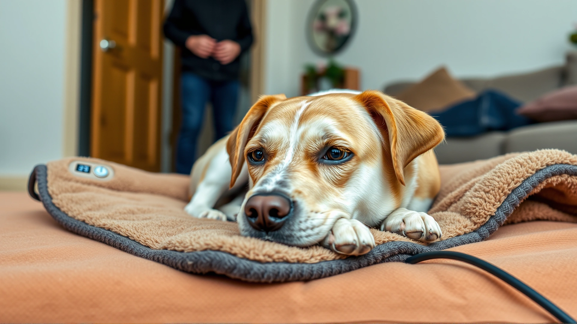 A medium-sized dog lying on a heated pet blanket with visible thermostat control, owner supervising in background, no text