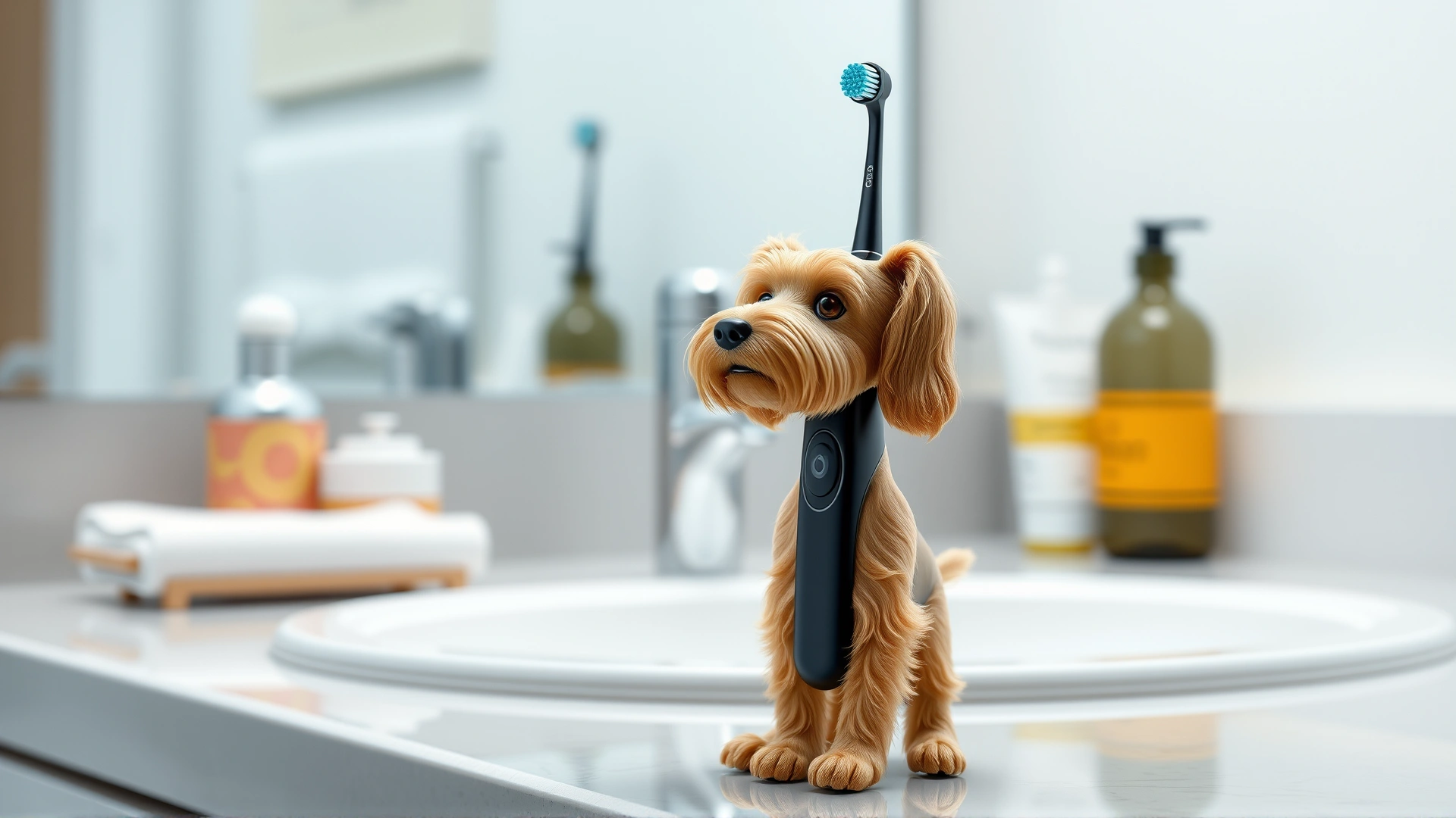 Modern electric dog toothbrush standing upright on a bathroom counter with accessories in the background