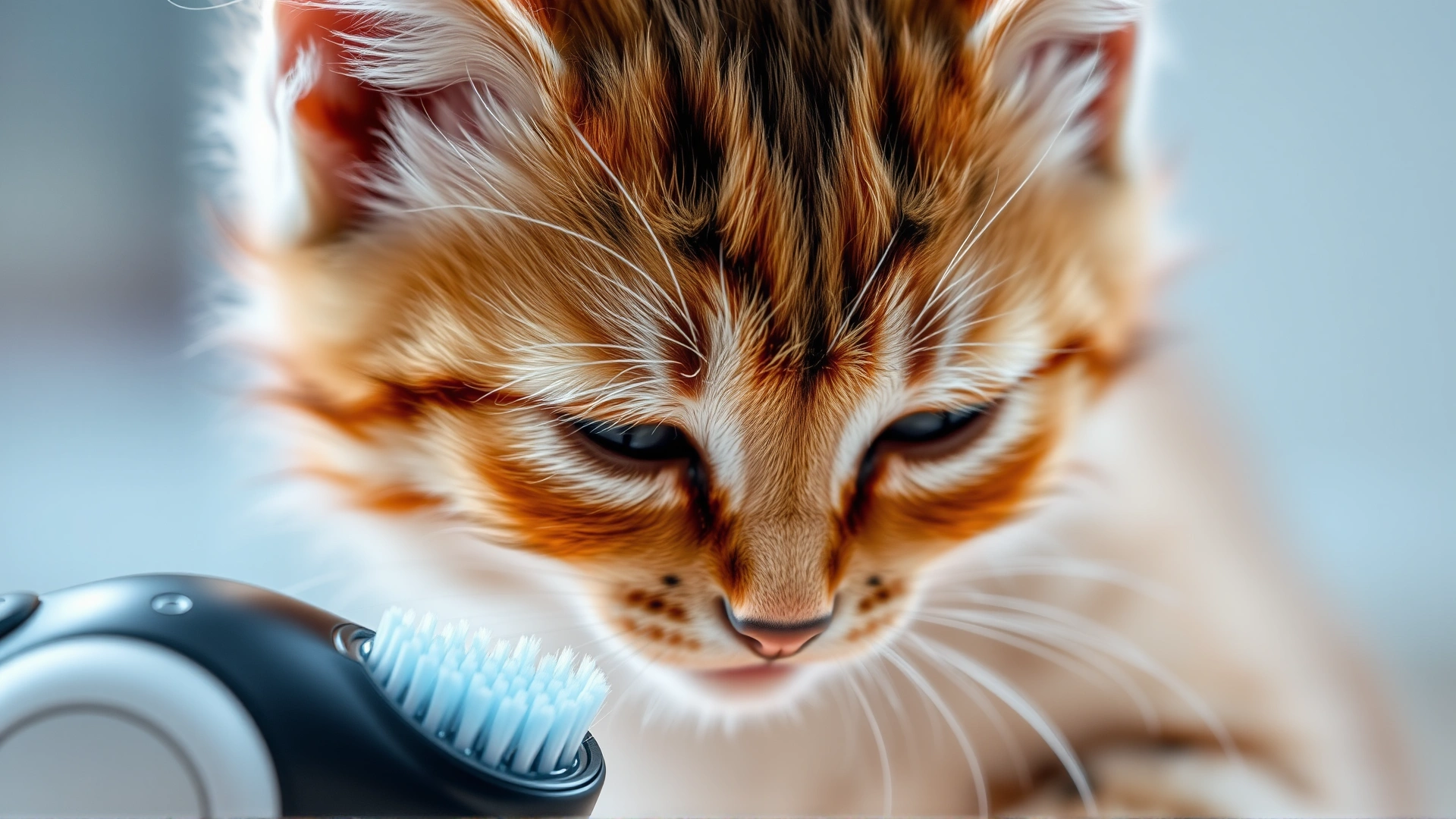 Close-up of an electric cat toothbrush with soft bristles and a curious kitten sniffing it