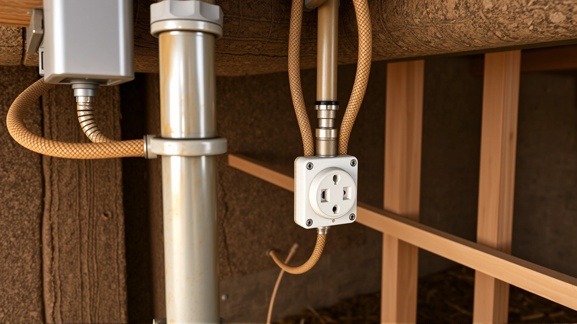 Close-up of properly installed electrical conduit and sealed outlets mounted above ground in a barn setting, cables neatly organized