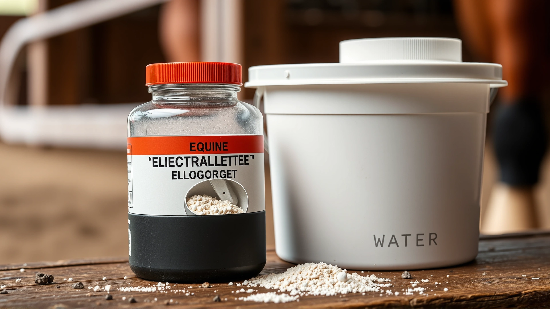 Close-up of an open container of equine electrolyte supplement powder with a measuring scoop beside a water bucket in a stable setting – horizontal photo