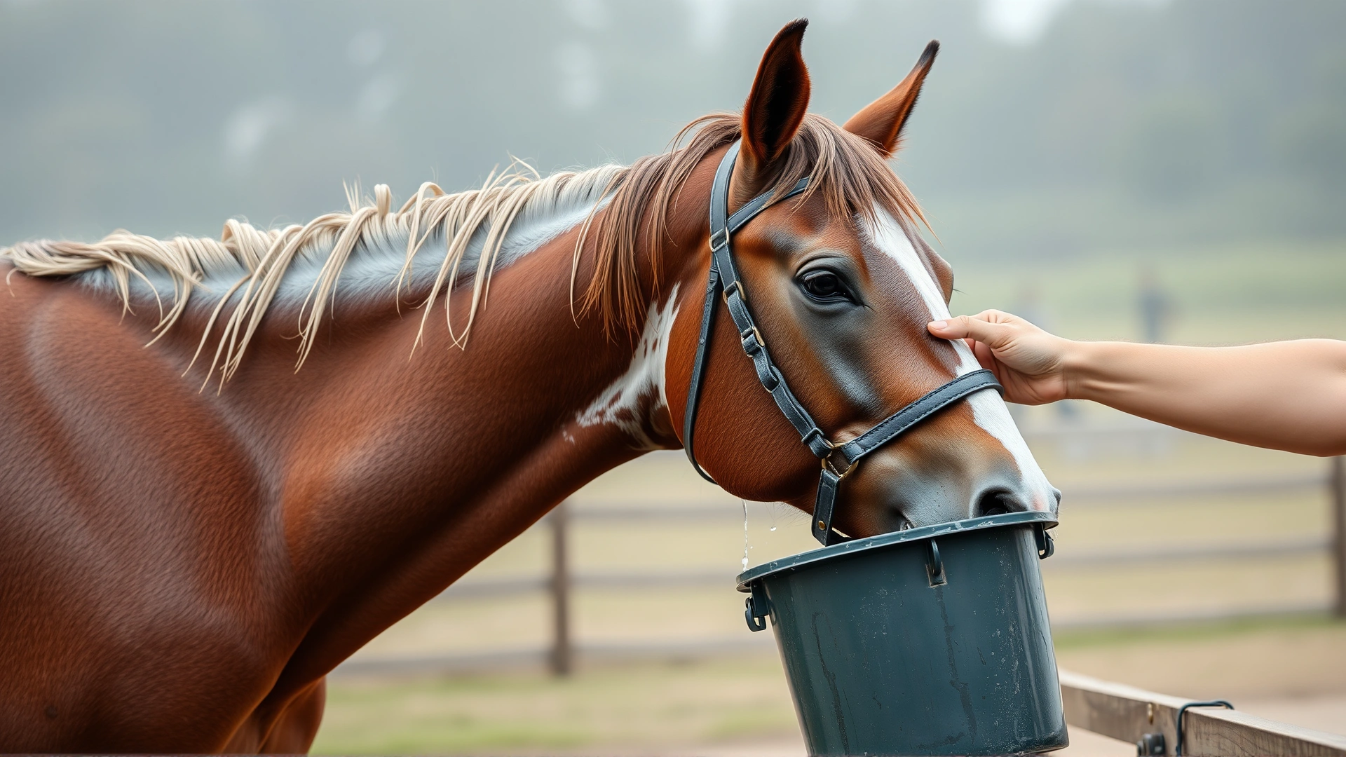 Sweaty sport horse being offered a bucket of water mixed with electrolytes after an intense workout