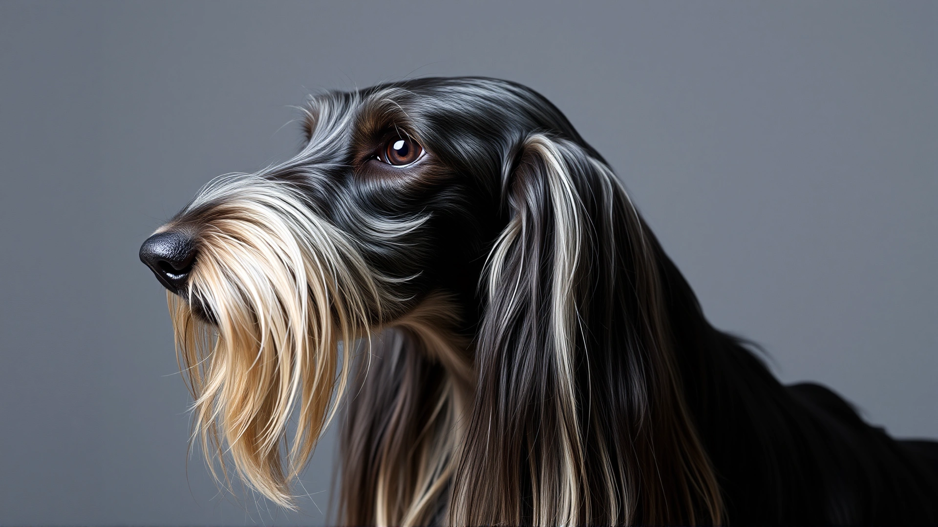 Studio close-up portrait of a perfectly groomed Afghan Hound, silky hair draped over the ears against a neutral gray backdrop, soft diffused lighting showing coat texture.