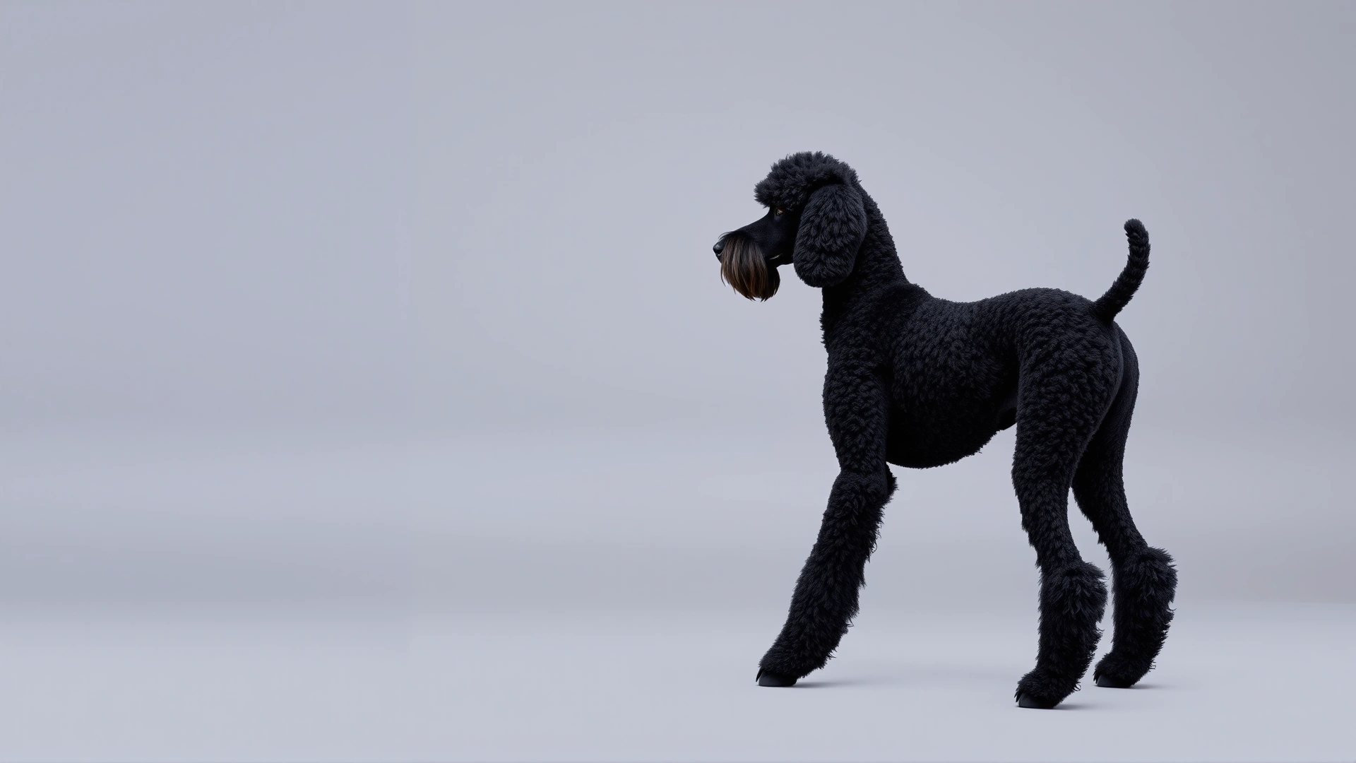 Side profile of a black Standard Poodle in perfect show stance against a neutral gray studio backdrop, highlighting muscle tone and coat texture.