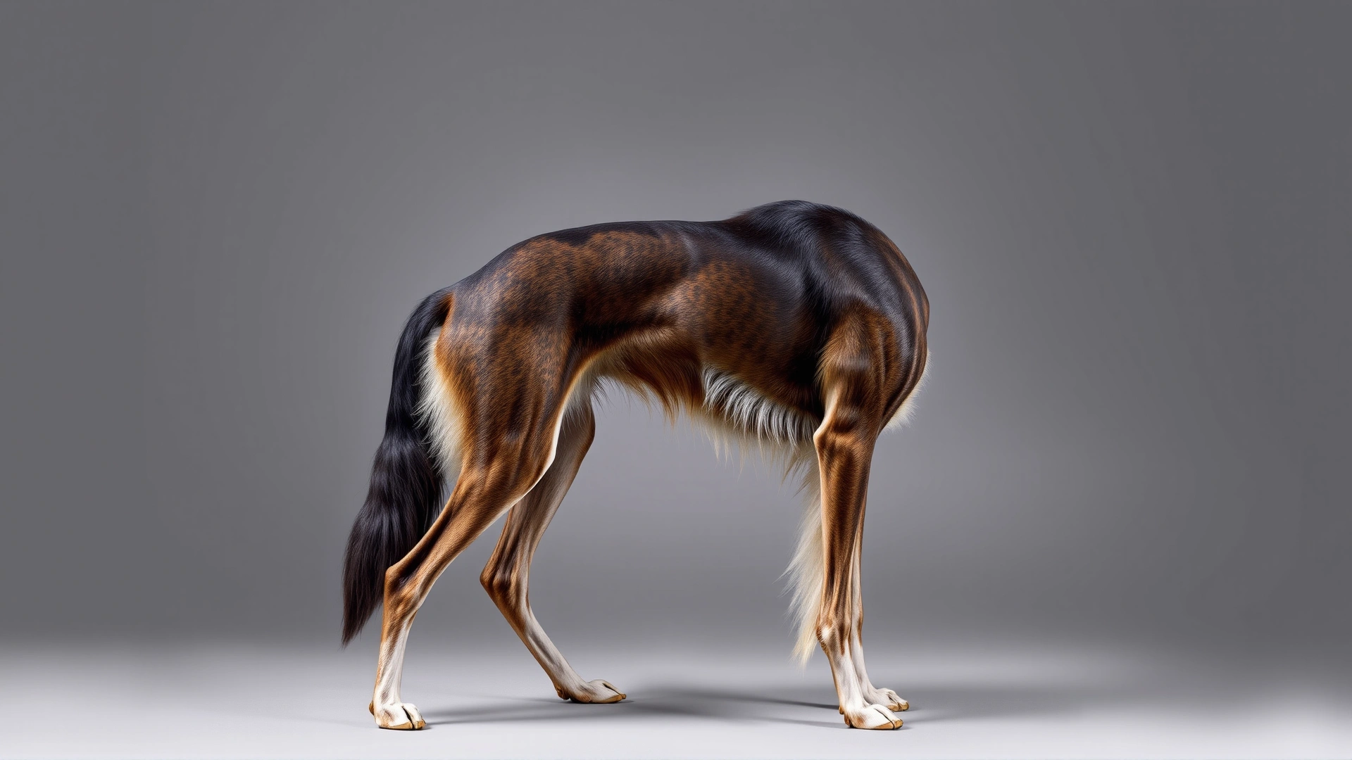 Full-body side profile of a Borzoi showcasing its long legs and silky coat on a neutral studio background.