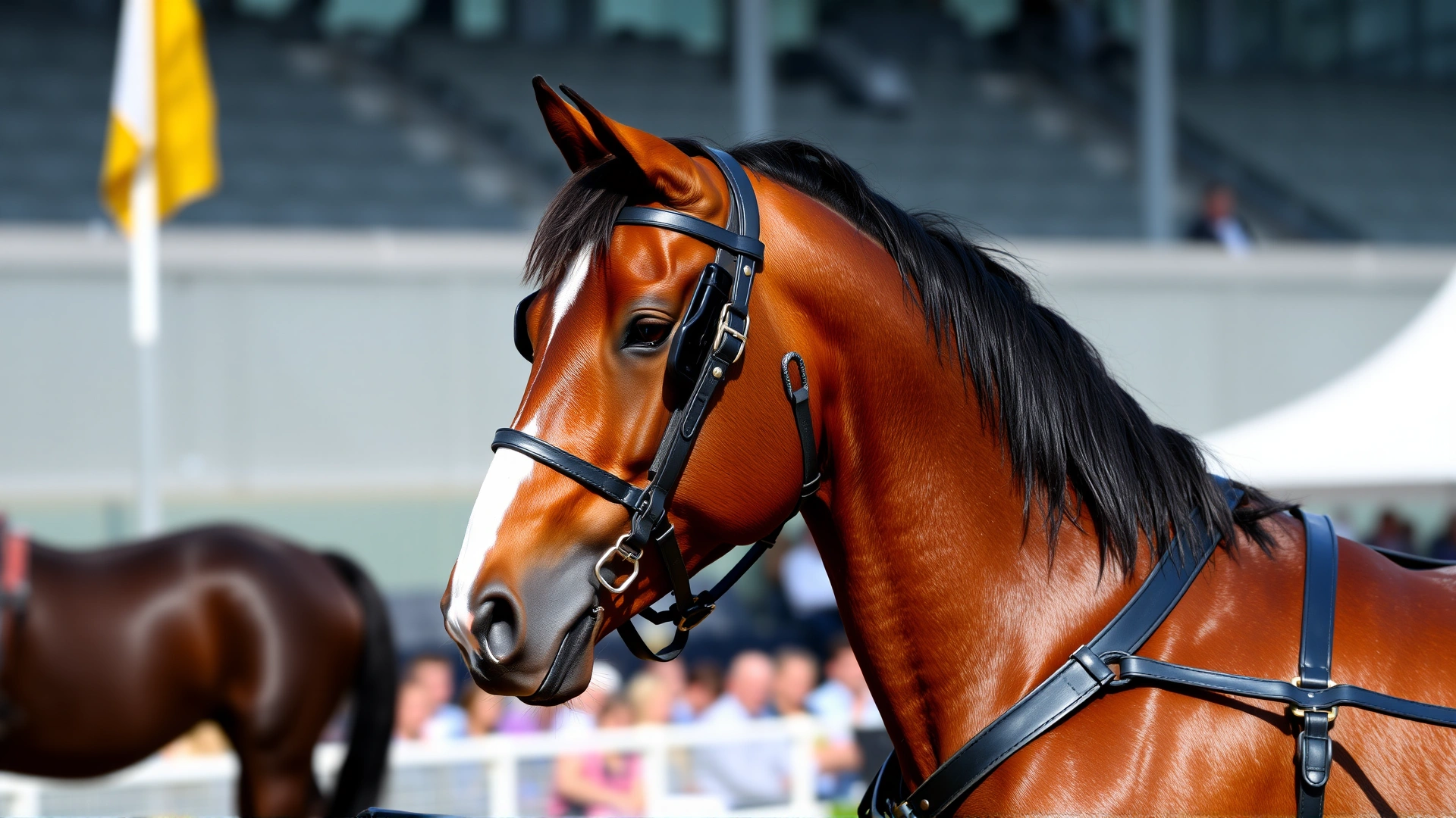 Side-view shot of a Dutch Harness Horse in full harness during a carriage competition, highlighting its elegant knee action and shiny coat.