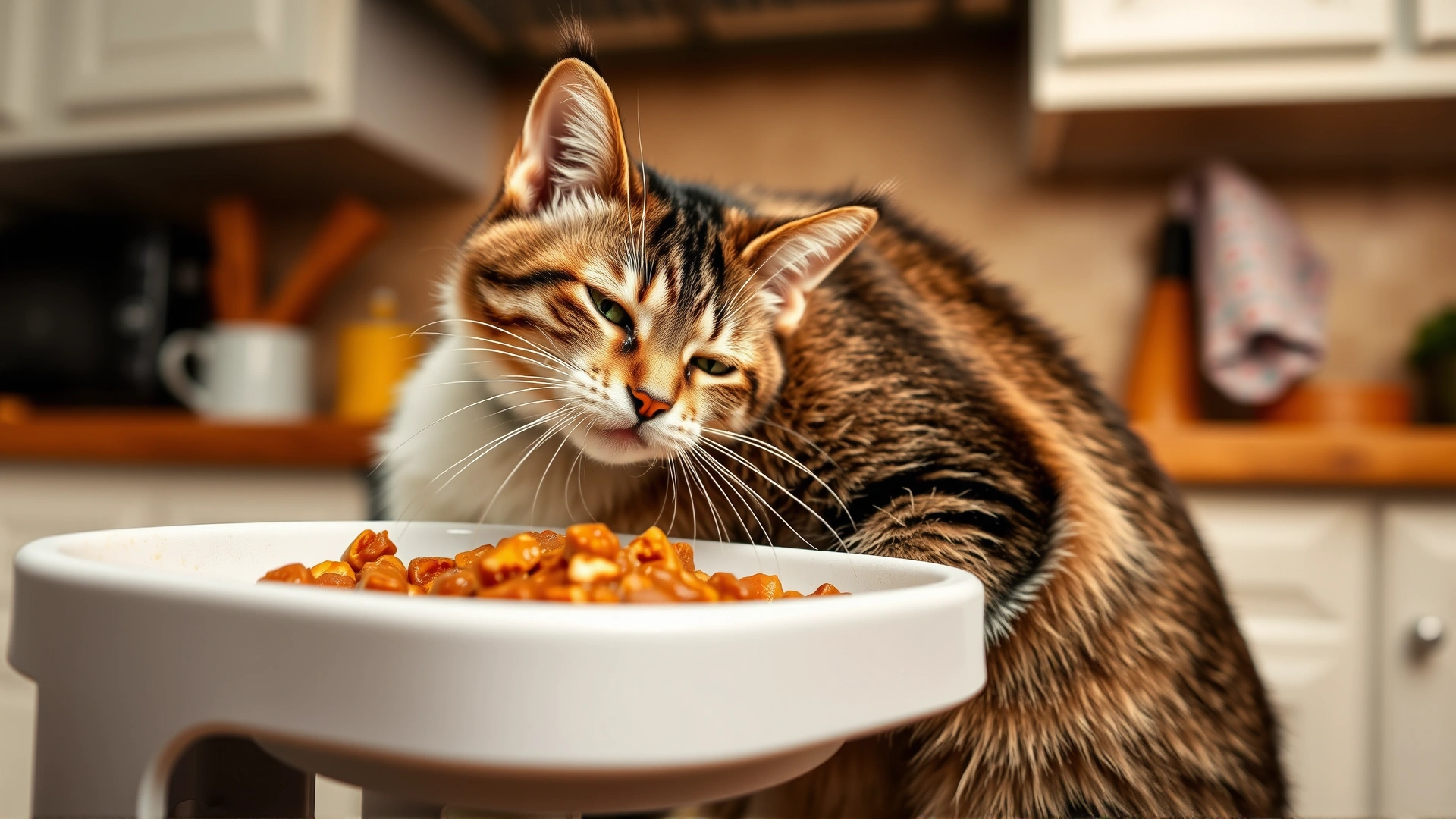 Cat eating wet food from an elevated feeding station while its head remains elevated, photographed at eye level in a cozy kitchen setting.