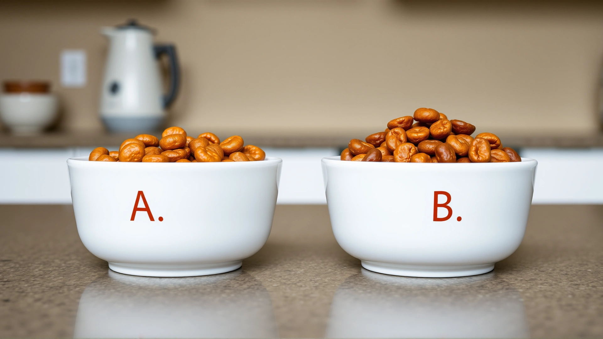 Side-by-side comparison: two small bowls labeled A and B with different types of cat food (one novel protein, one regular), placed on a kitchen counter, neutral background, high resolution, no visible text on photo