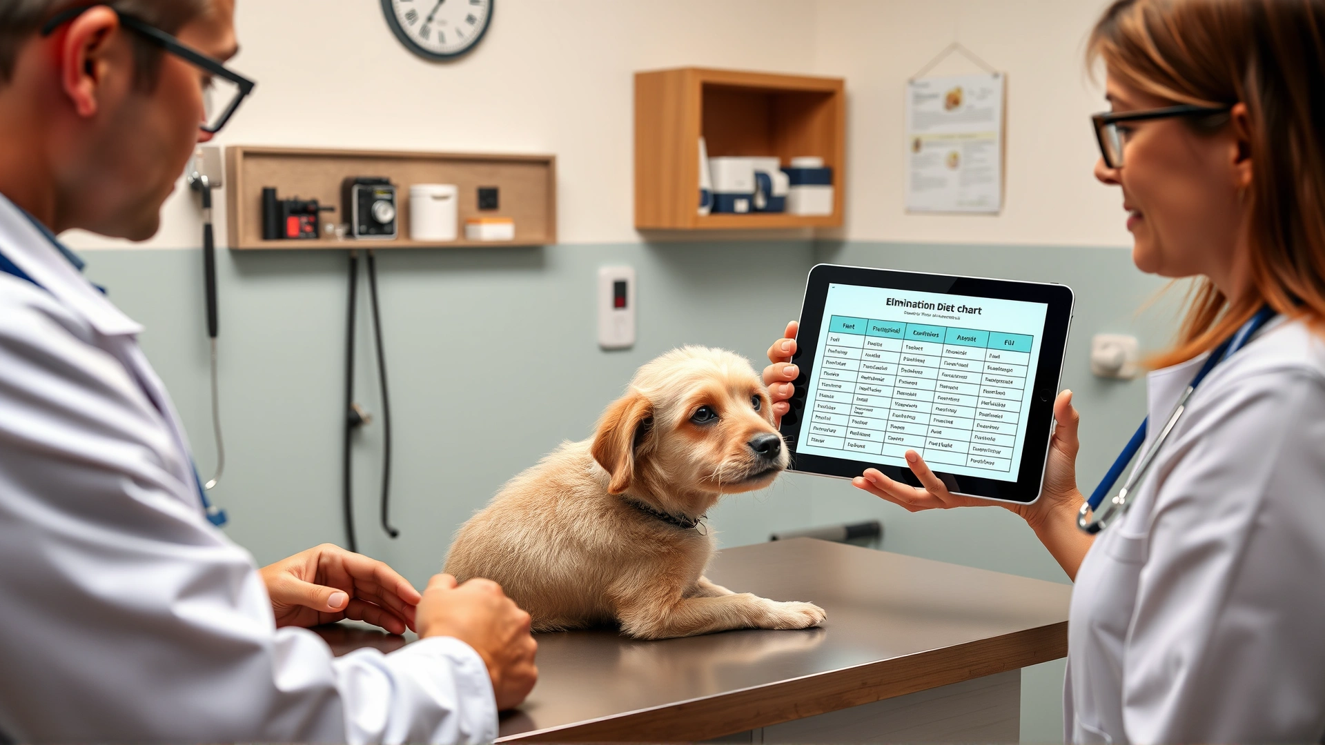 Veterinarian in exam room showing an elimination diet chart on a digital tablet to a concerned dog owner while the dog sits on the table