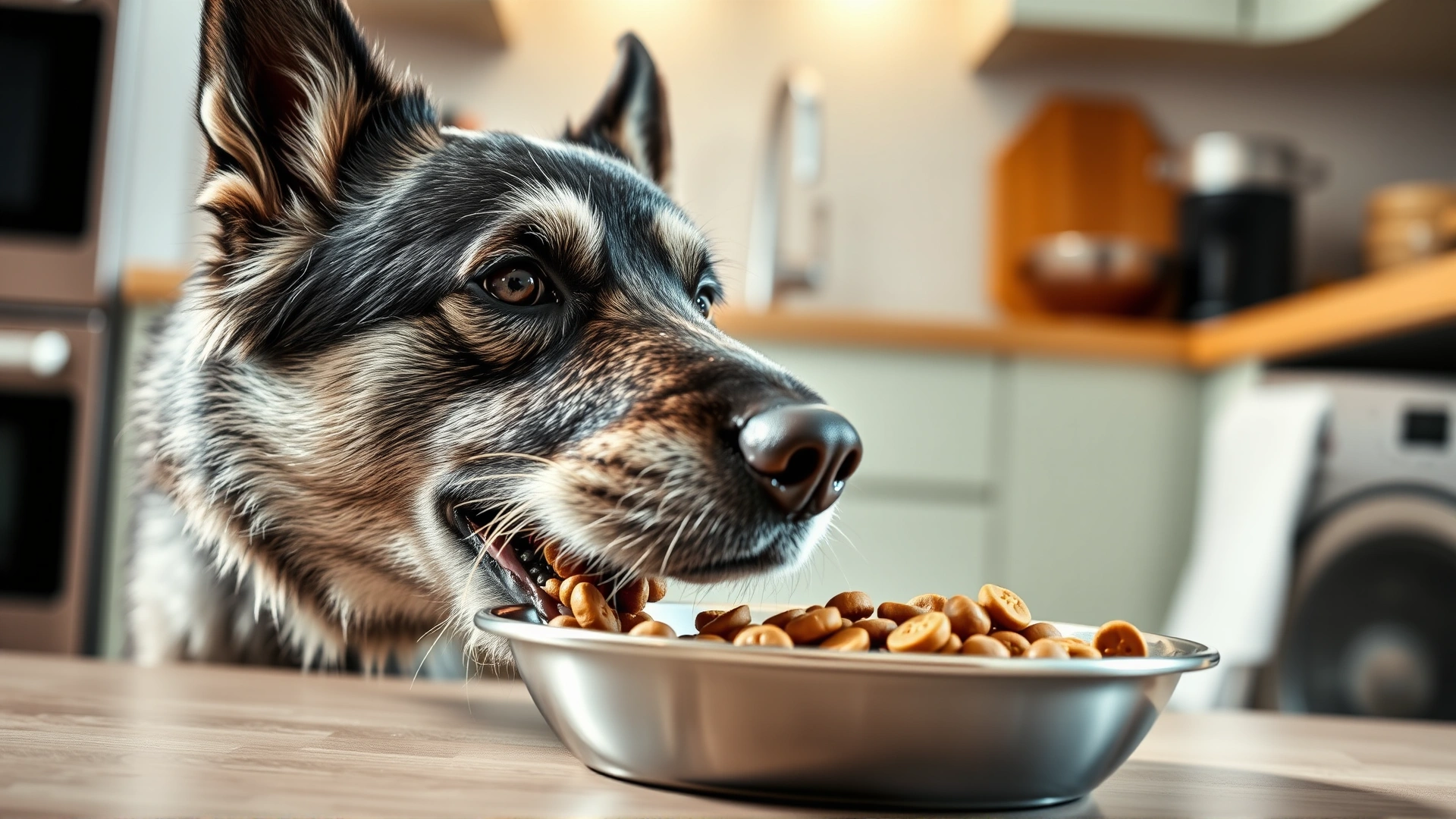 Close-up of Norwegian Elkhound eating from a stainless steel bowl filled with high-quality kibble, kitchen background, warm lighting