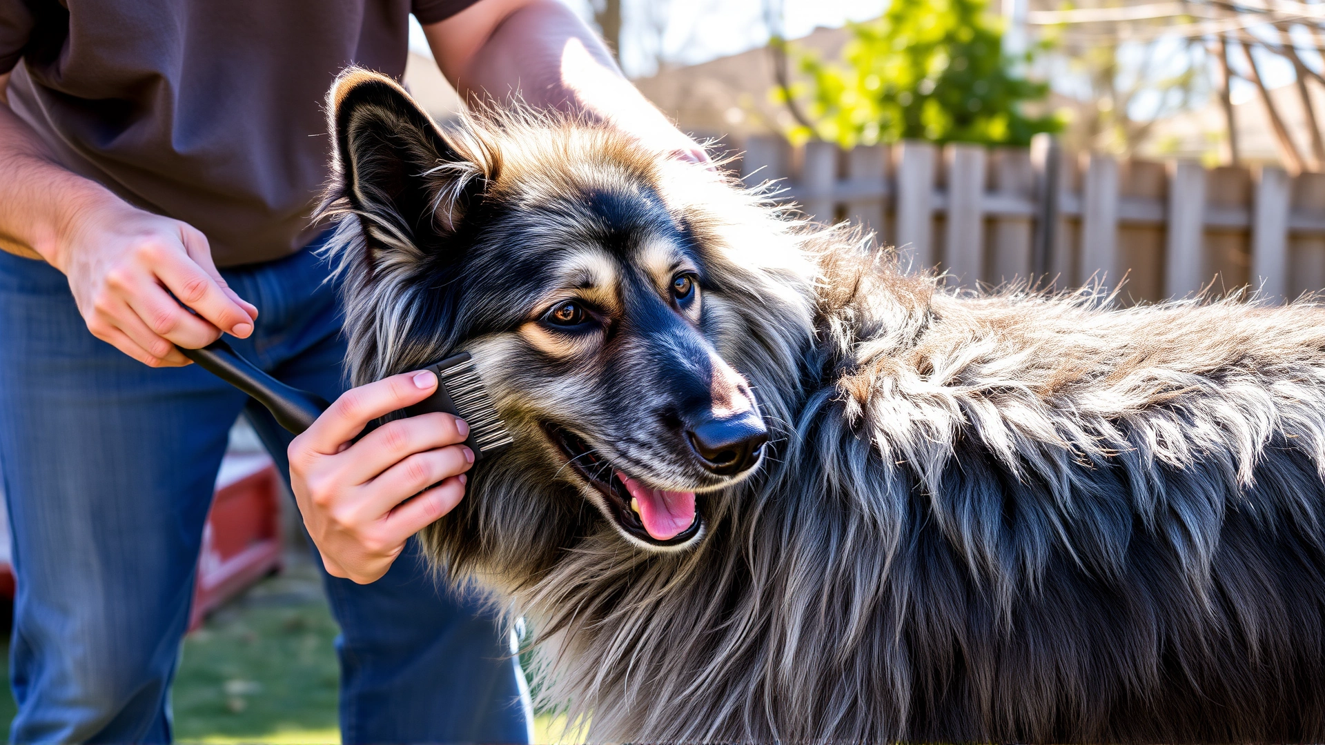 Owner brushing a Norwegian Elkhound’s thick double coat in a backyard setting, focus on brush and fur texture, sunny afternoon