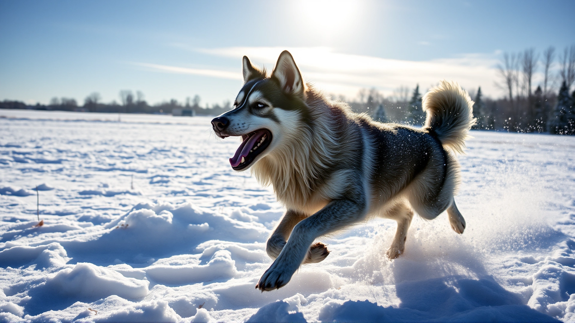 Action shot of a Norwegian Elkhound running through a snowy field, snow particles flying, energetic posture, bright winter sunlight