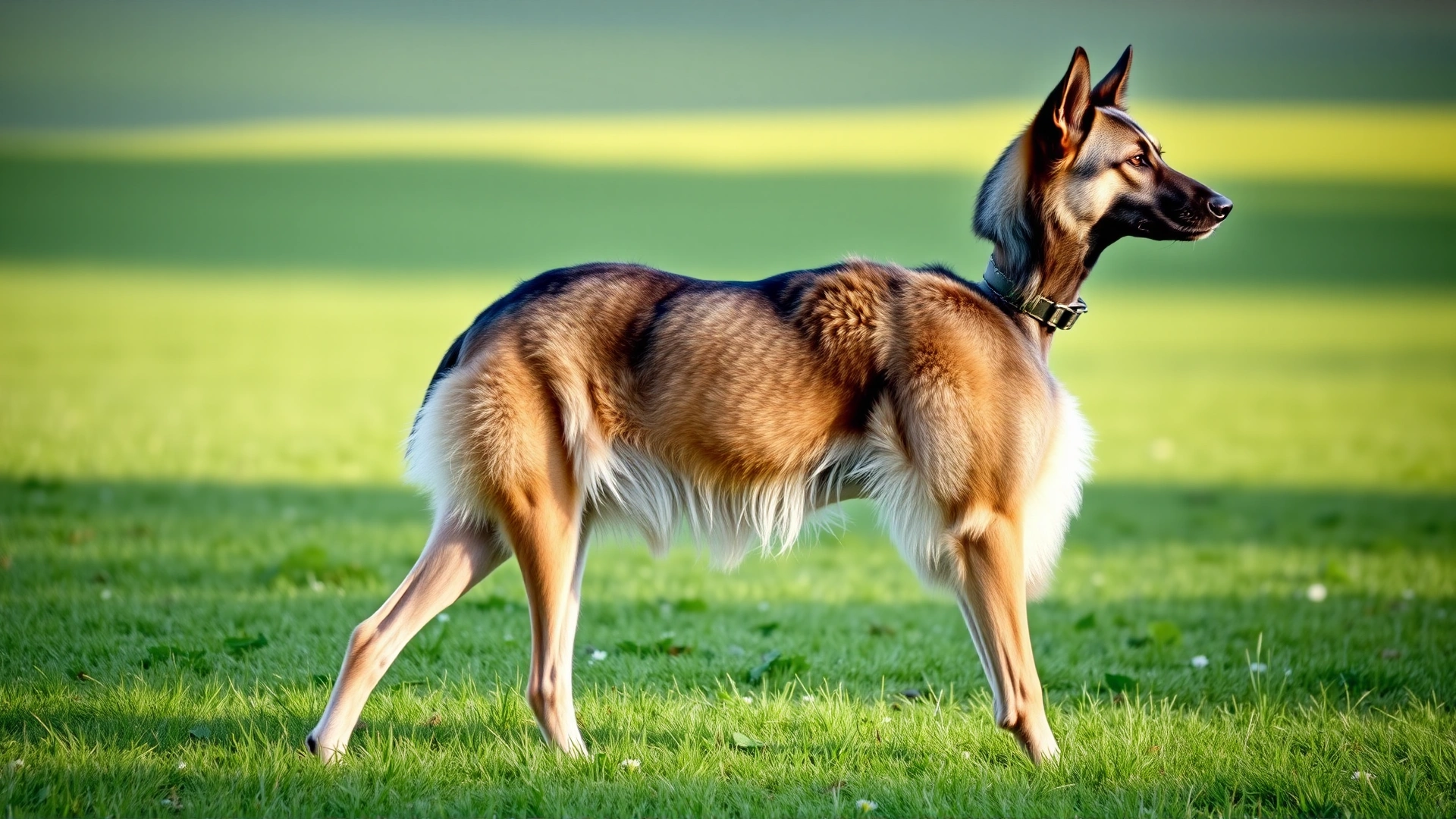 Full-body side profile of an adult Norwegian Elkhound standing on a green meadow, showcasing its muscular build and curled tail, daylight