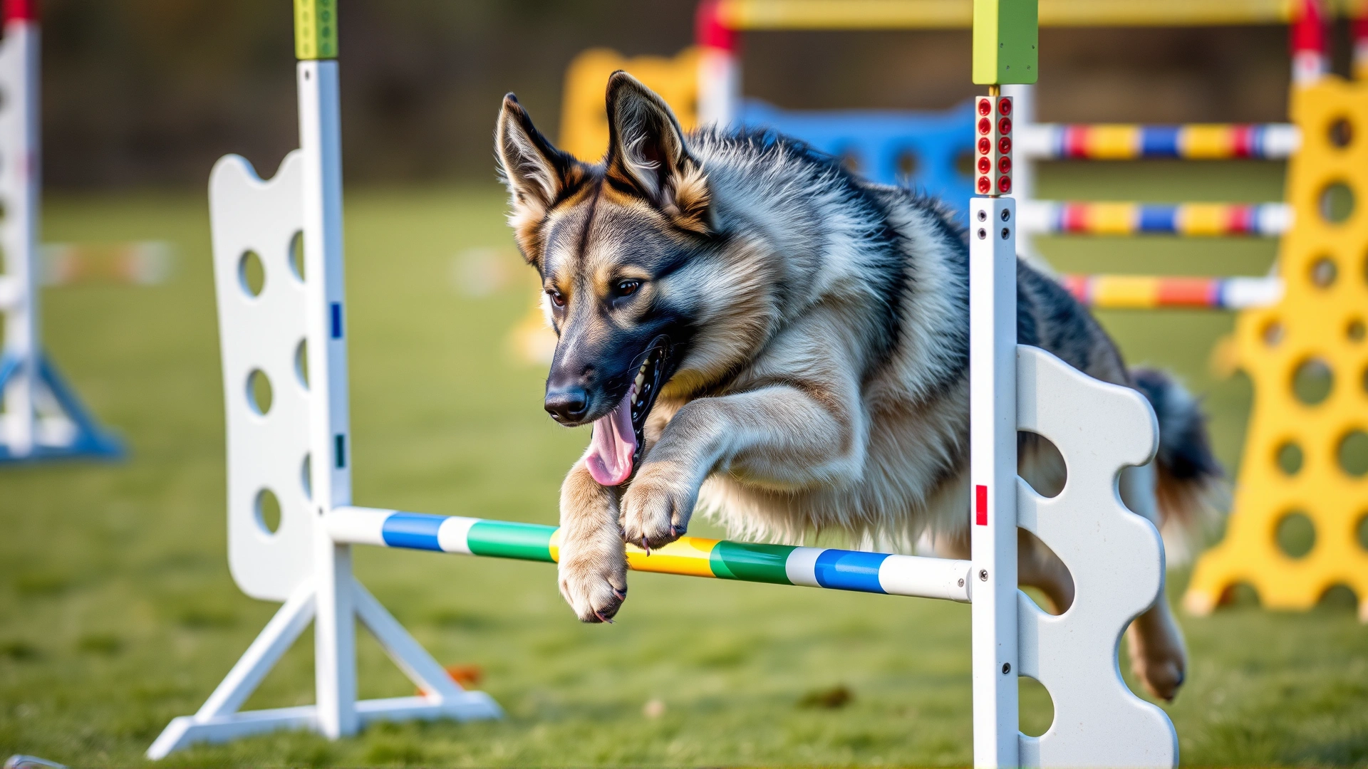 Norwegian Elkhound performing an agility jump during a training session, colorful obstacles in background, crisp focus, outdoor setting