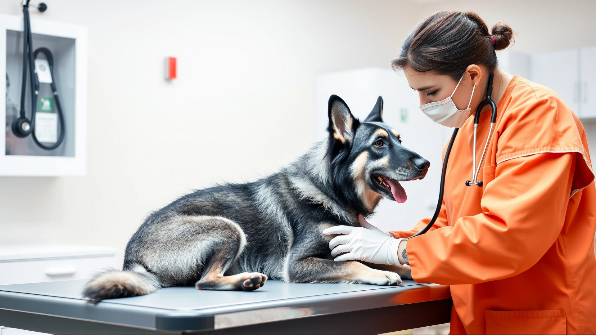 Veterinarian examining a Norwegian Elkhound on a clinic table, stethoscope visible, bright and clean veterinary clinic environment