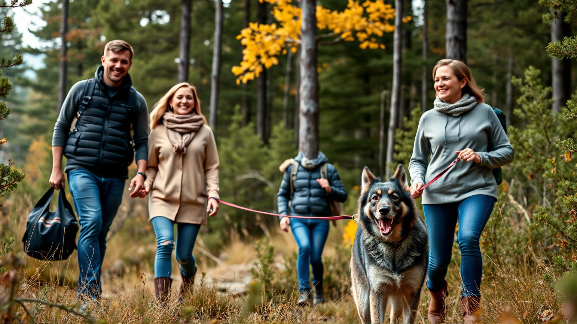 Happy family hiking in a pine forest with their Norwegian Elkhound, dog on a leash, autumn colors, candid shot