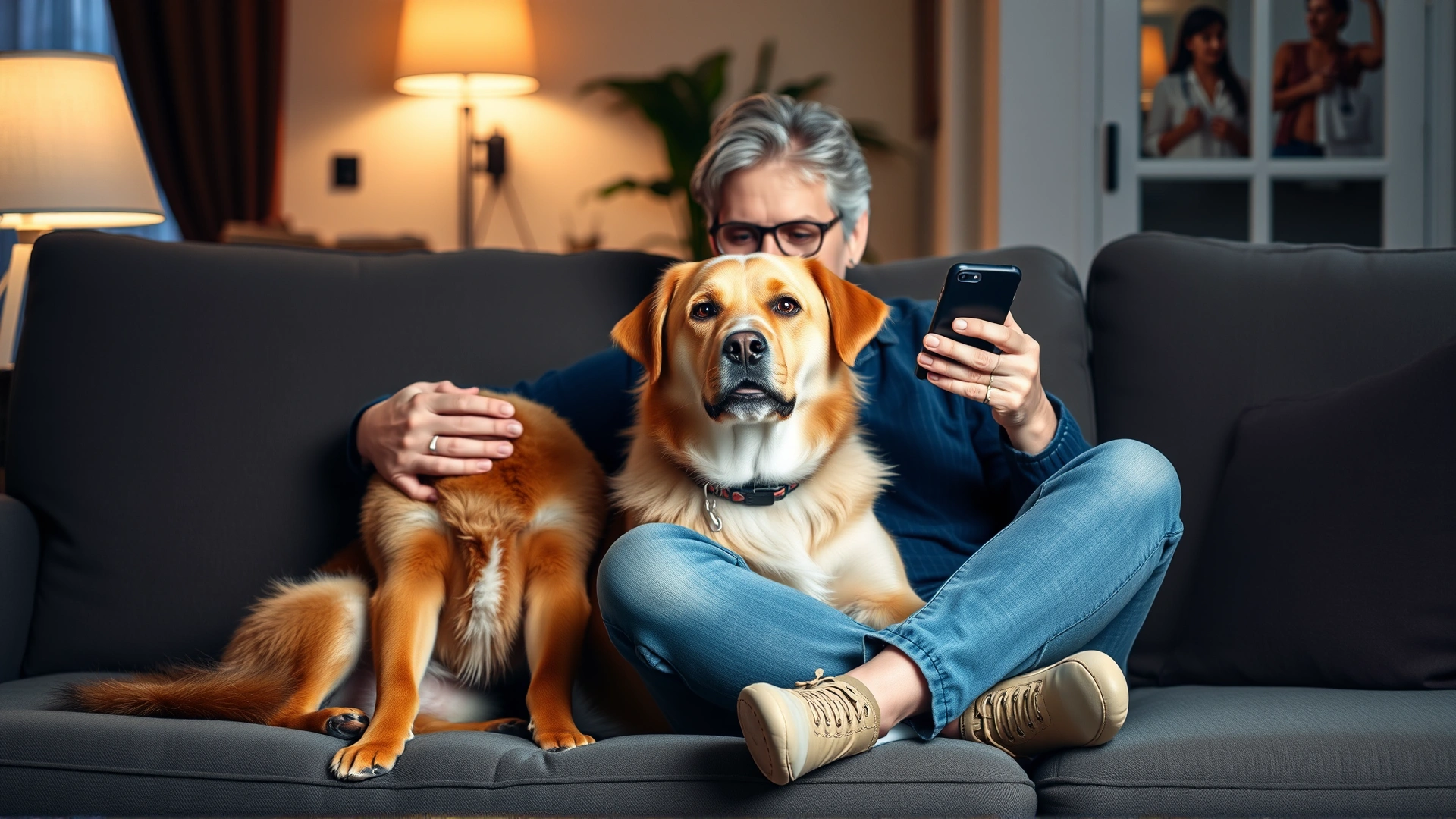 Concerned pet owner sitting on a sofa next to their dog, holding a smartphone to call the veterinarian, evening indoor lighting.