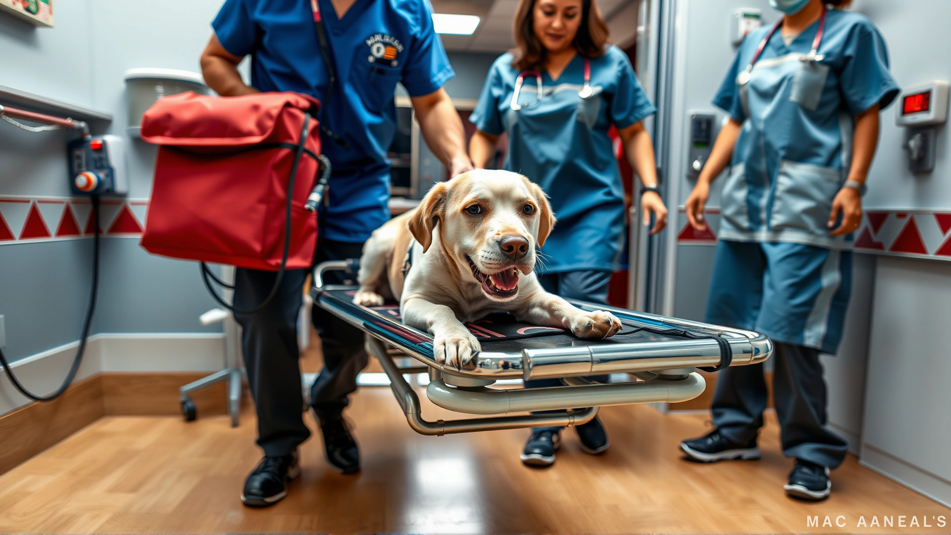 Veterinary team rushing a dog on a gurney into an emergency room with vital equipment visible.