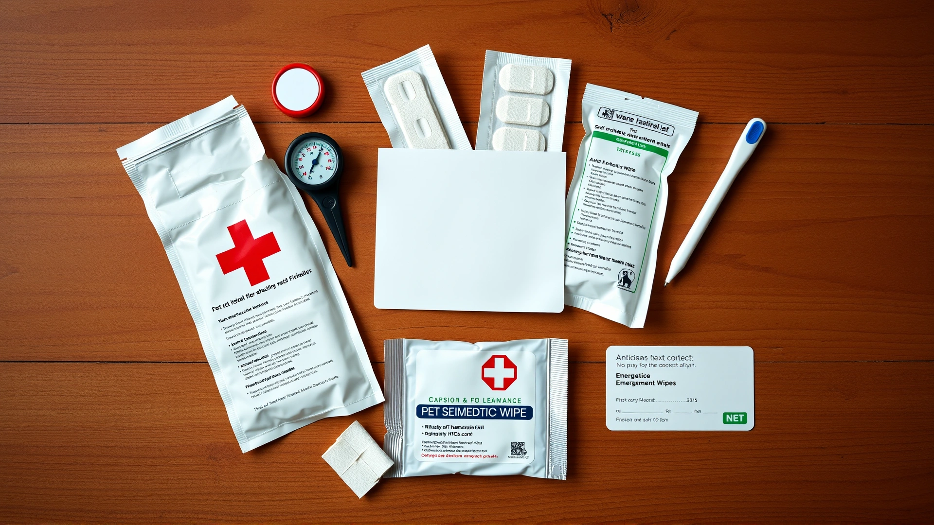Flat lay of a well-organized pet first-aid kit on a wooden surface, including bandages, thermometer, antiseptic wipes, and emergency contact card, no text