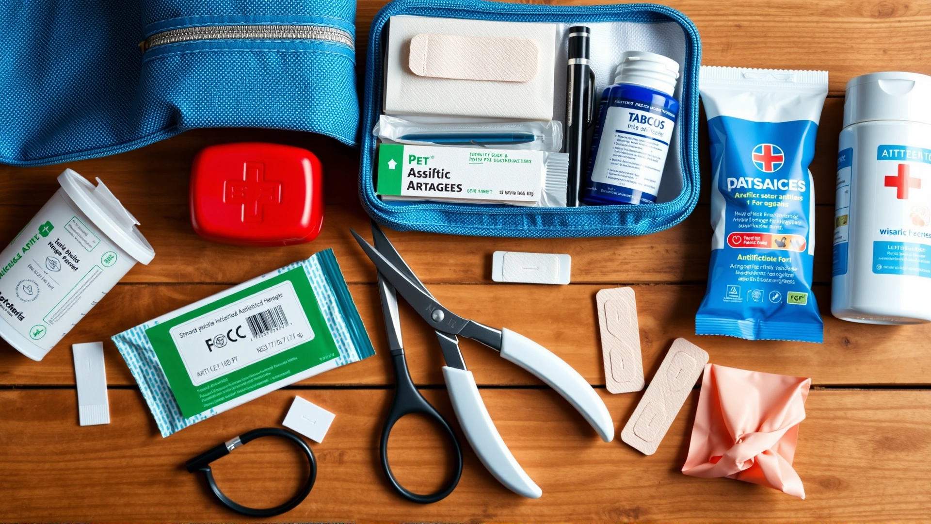 Flat-lay of a well-organized pet first-aid kit with bandages, scissors, and antiseptic wipes on a wooden table